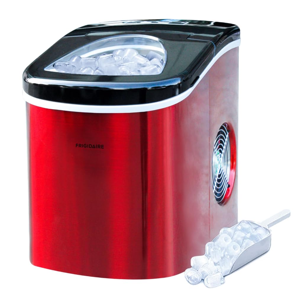 FRIGIDAIRE RIC117-SSRED Stainless Steel Countertop Ice Maker - Medium Red - Fast Ice Production for Home, Office, and Parties