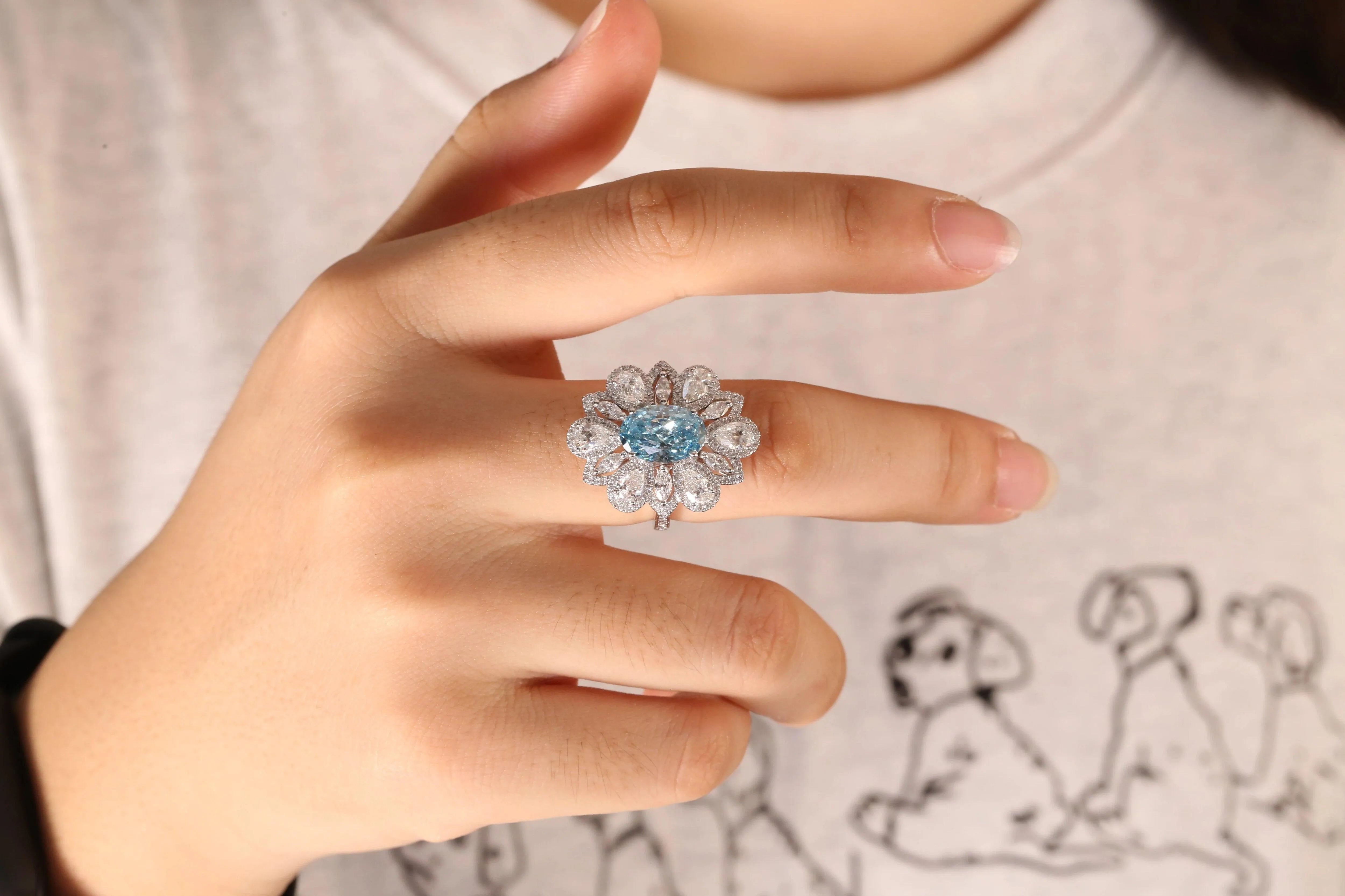 IGI Certified 14k Gold 3.19CT Fancy Intense Greenish Blue CVD Lab Grown Diamond Flower Shape Oval Cut Ring for Women - Perfect for Engagement, Anniversary & Special Occasion Jewelry