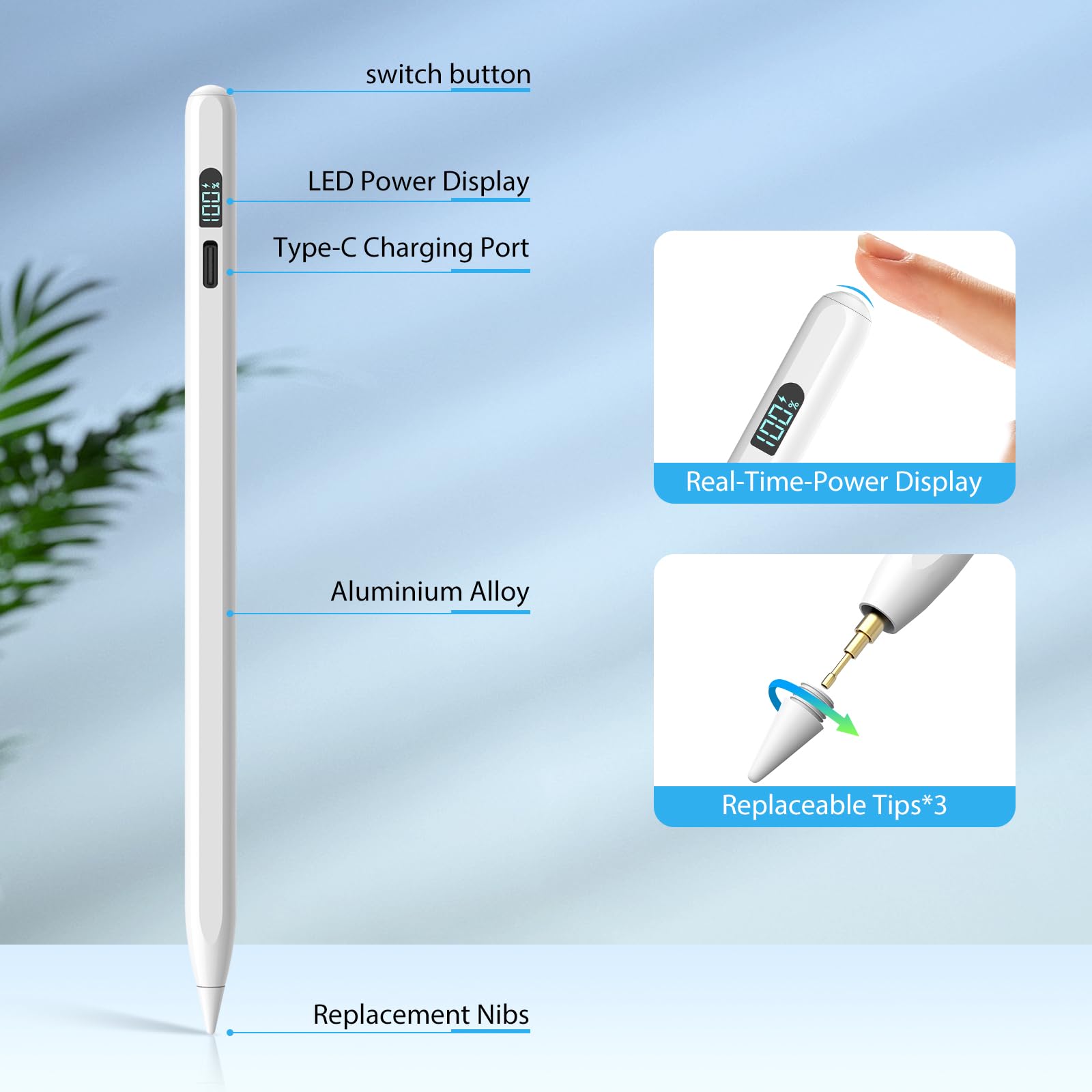 Mixoo iPad Pencil for iPad 10th/9th Generation - LED Power Display Stylus with Fast Charging, Palm Rejection & Tilt Sensitivity - Compatible with iPad Pro 12.9/11/M4, iPad Air 5/4/3/M2, iPad Mini 6/5 - Perfect for Drawing, Note-Taking & Digital Art