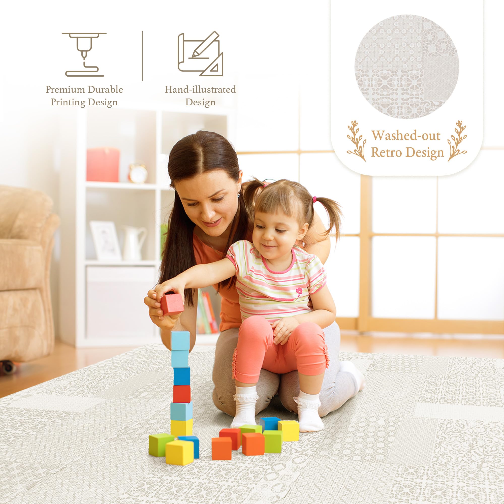 Premium Non-Toxic Baby Play Mat & Exercise Floor Tiles - 6-Piece Large Puzzle Mat (6ft x 4ft) - Thick, Waterproof & Peel-Resistant Foam Tiles for Kids Playroom, Nursery, Gym & Home Yoga - Totem Beige Design