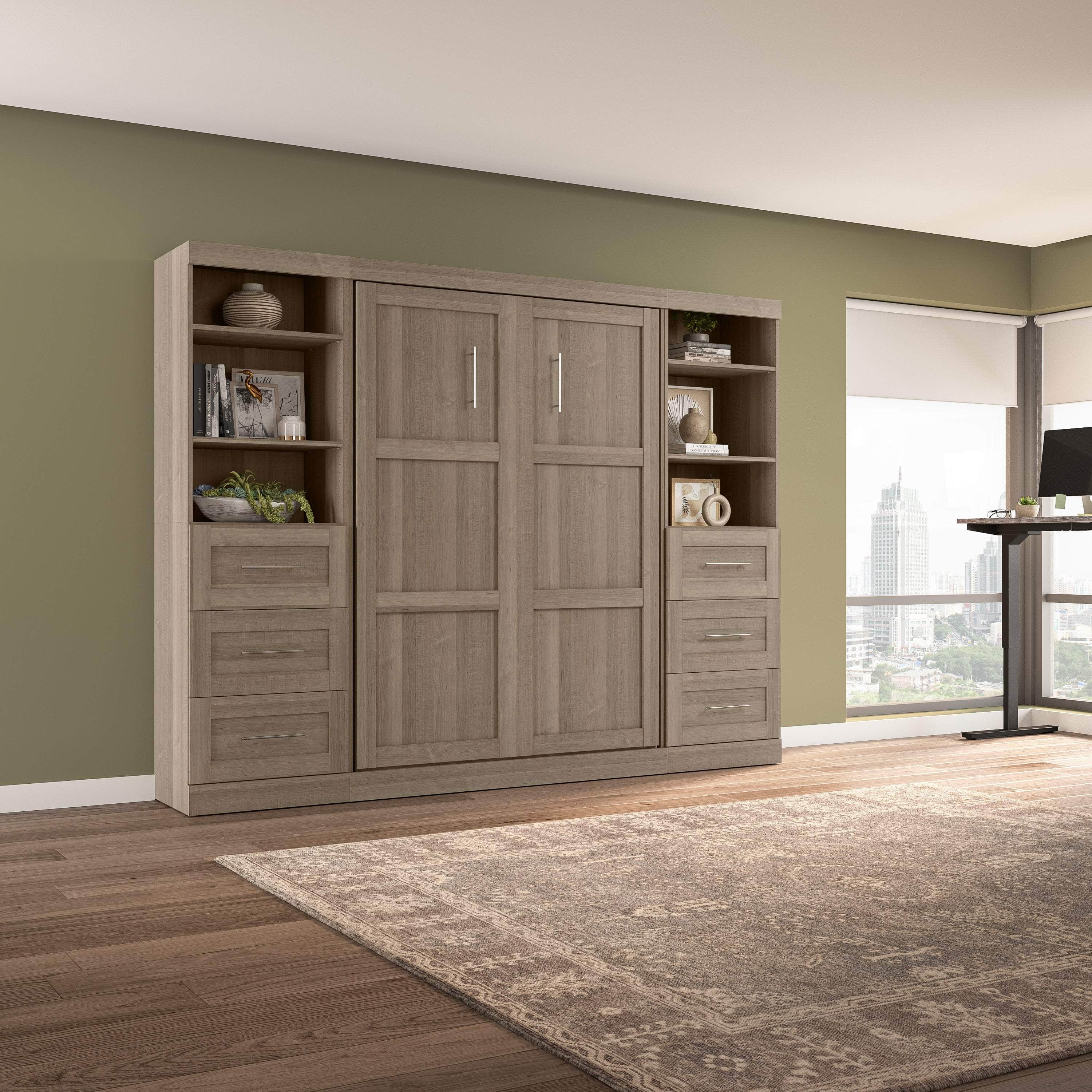 Pur Full Murphy Wall Bed with 2 Storage Units & Drawers (109W) - 7 Color Options for Space-Saving Home Office, Guest Room & Small Apartments