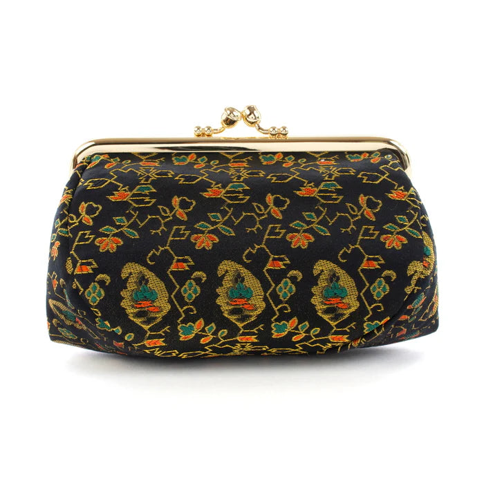Nishijin Woven Small Pouch - Floral Fruit Tree Design in Black | Handmade in Kyoto Japan | Cosmetic Makeup Bag, Japanese Gamaguchi Pouch | Perfect for Travel Toiletry, Stationery & Bag Organization (Ideal for Daily Use, Gift Giving & Japanese Culture Enthusiasts)