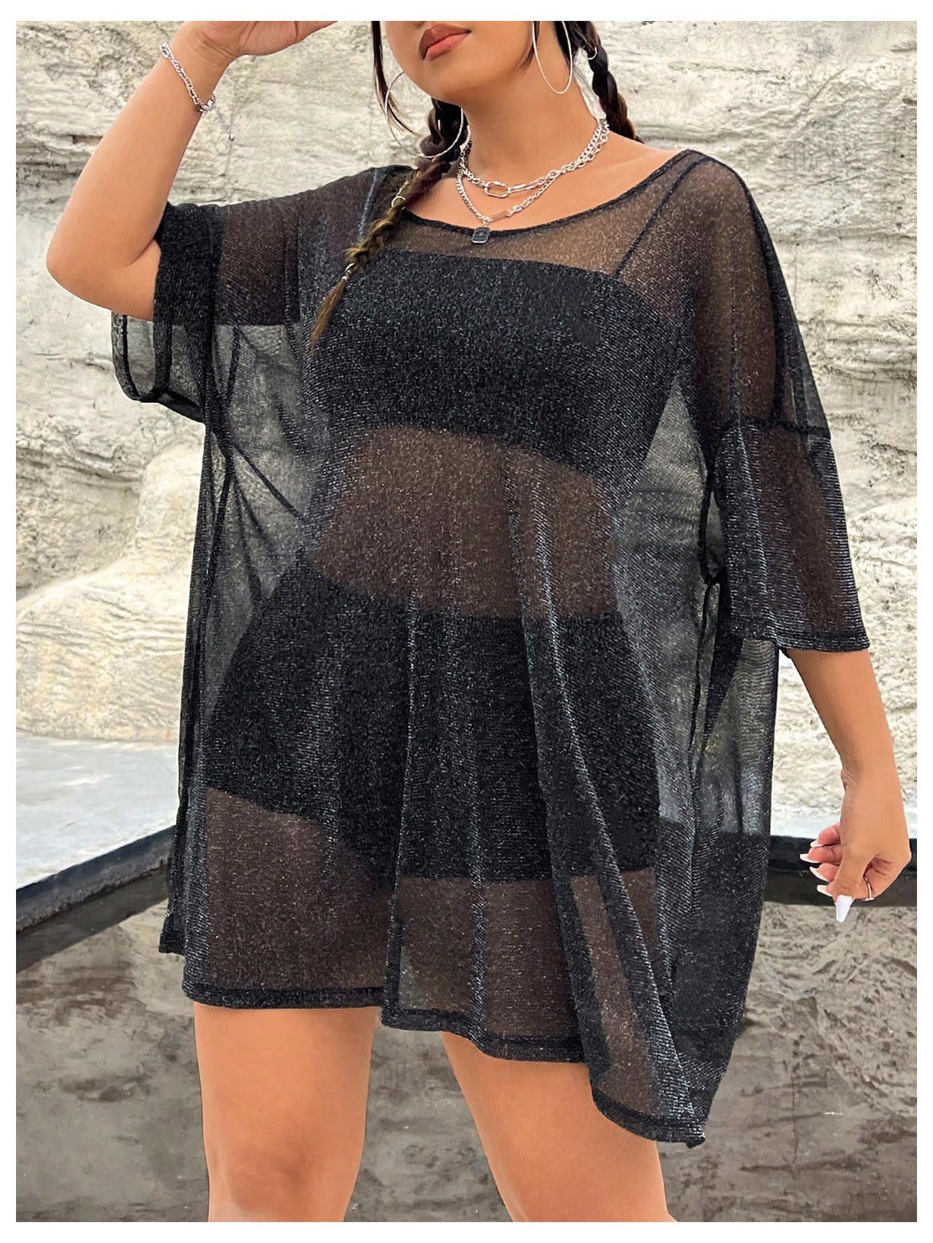 WDIRARA Women's Plus Size Sparkle Mesh Y2K Tee Top - Loose Drop Shoulder Party Club T-Shirt for Casual Wear, Night Out & Festive Occasions