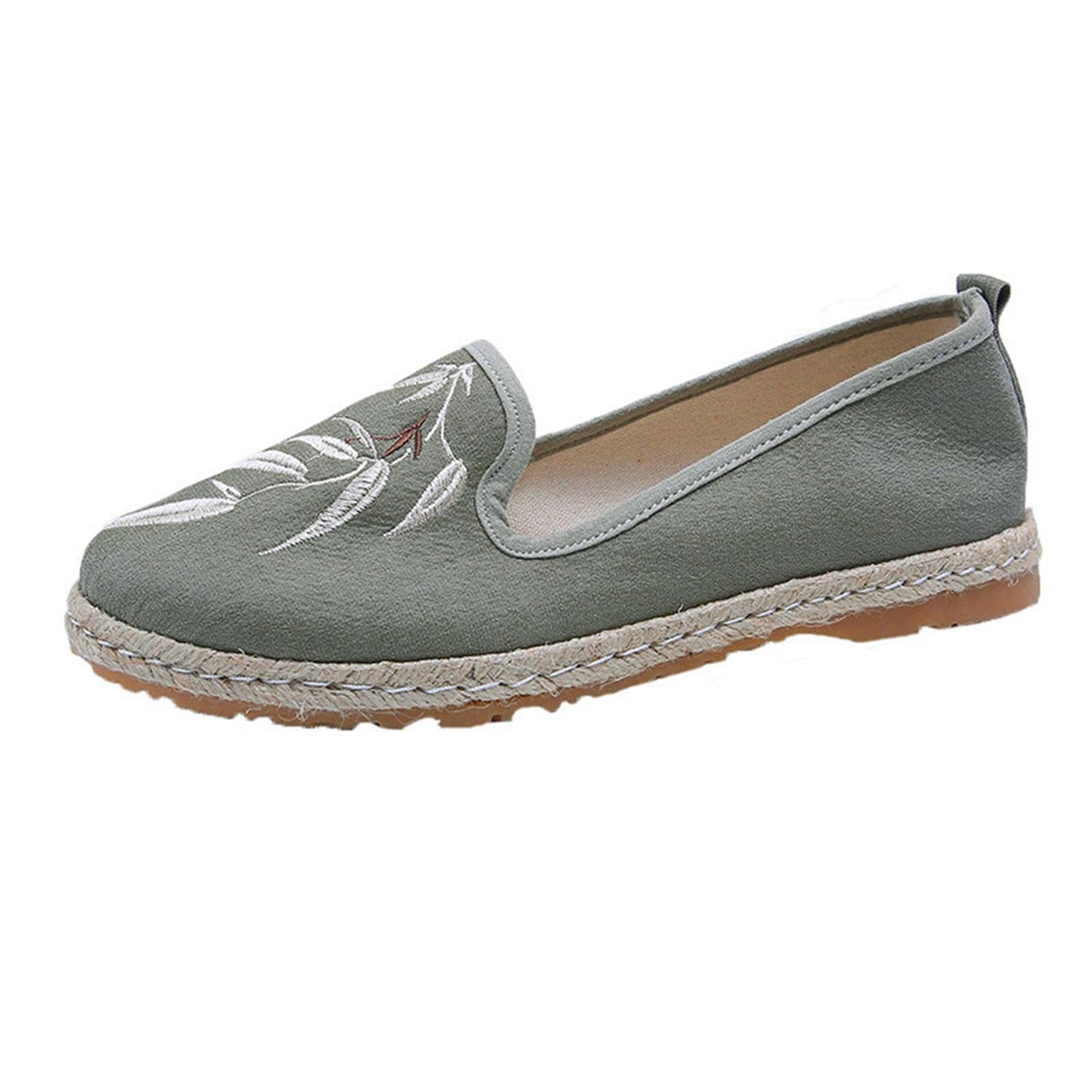 Women's Wide Width Slip On Flats - Open Back Straw Striped Beaded Breathable Casual Shoes for Women (Green, Size 8) | Perfect for Summer, Beach, Vacation & Everyday Comfort Wear