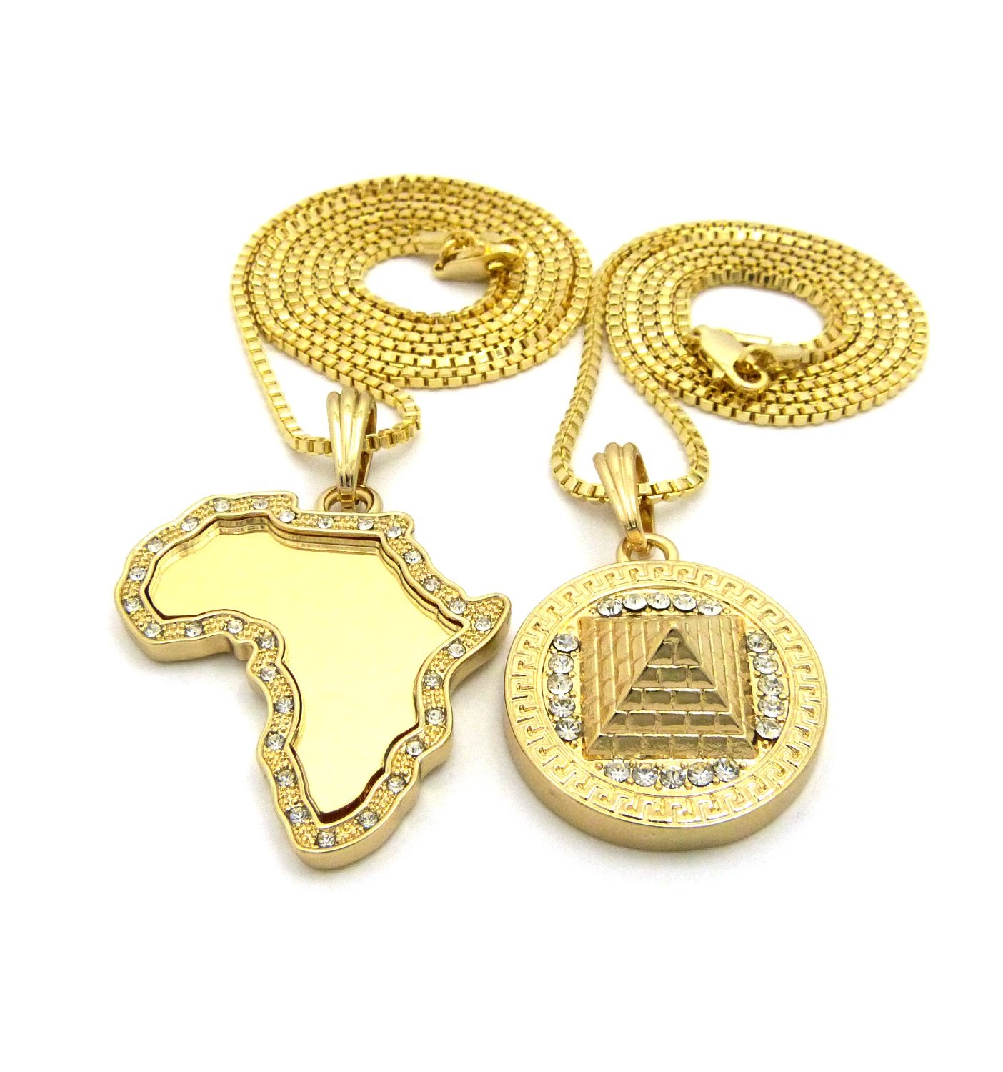 Hip Hop Iced Out Gold Plated Egyptian Africa Map & Pyramid Pendant Necklace Set with 20