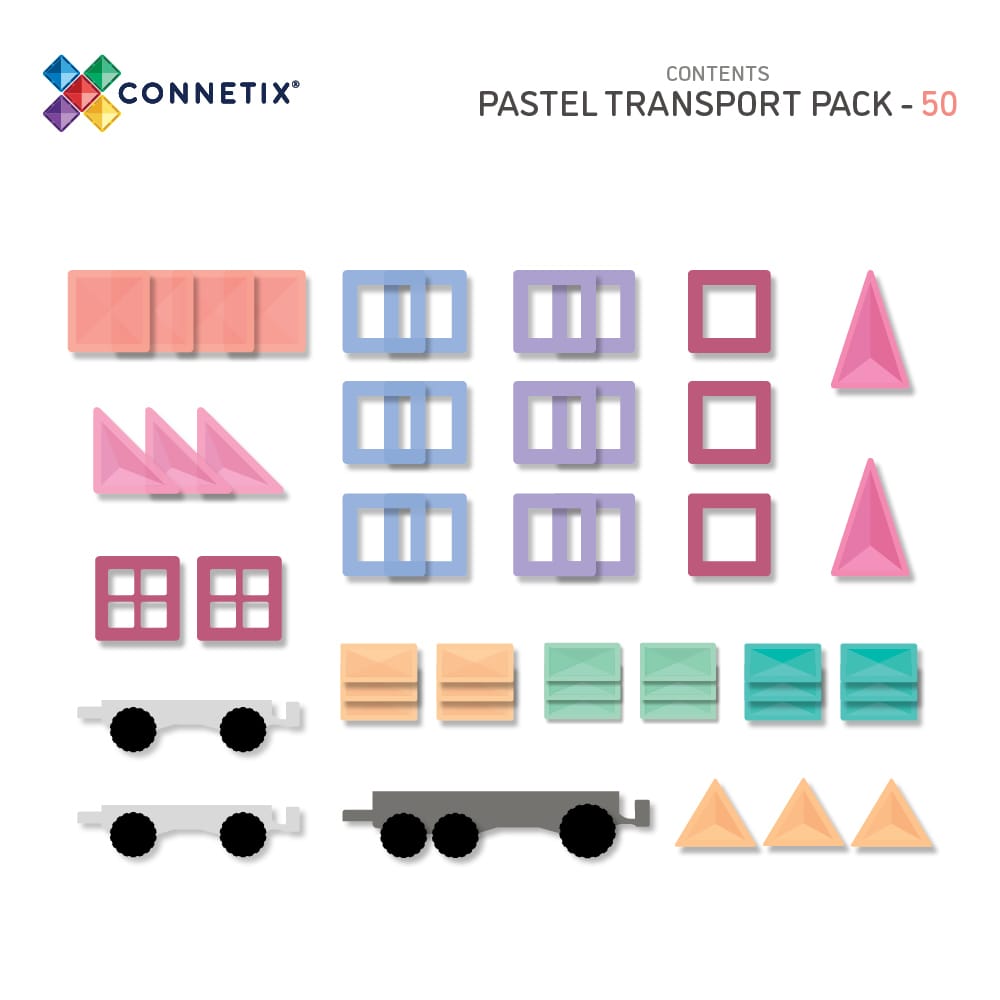 Connetix Magnetic Tiles Pastel Transport Set - 50 Piece STEM Educational Building Toys for Kids | Perfect for Preschool Learning, Creative Play & Sensory Development Activities