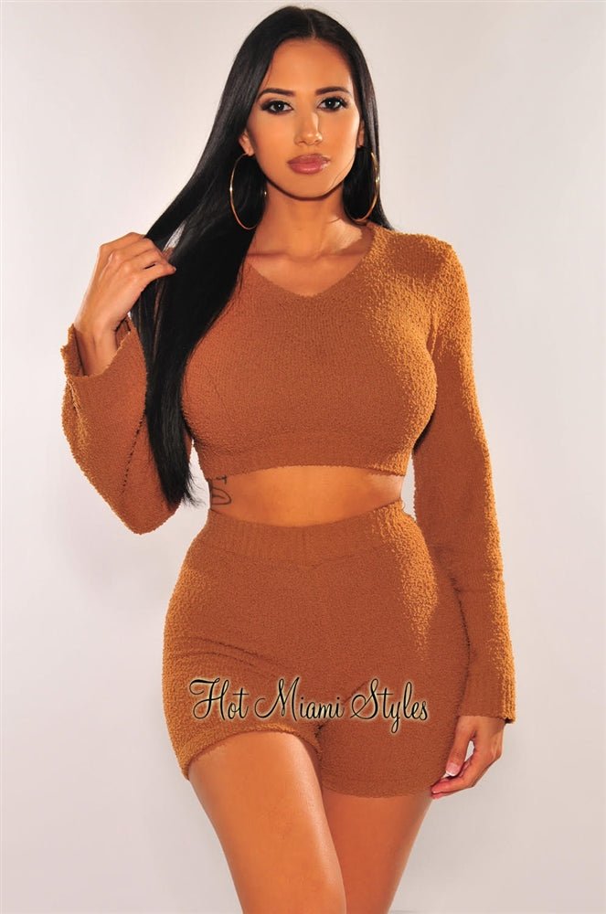 HM Lounge: Cozy Toffee Fuzzy Bell Sleeves & Biker Shorts 2-Piece Outfit Set | Women's Casual Loungewear for Home, Yoga & Streetwear Fashion