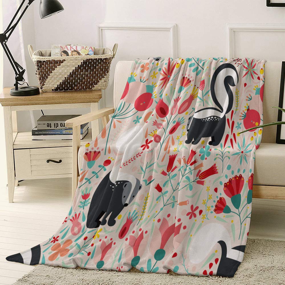 Soft Flannel Fleece Throw Blanket with Skunks & Spring Flowers Design - Ultra Plush Microfiber Cozy Blanket 49x59 Inches - Perfect for Sofa, Bed, Couch & Winter Warmth