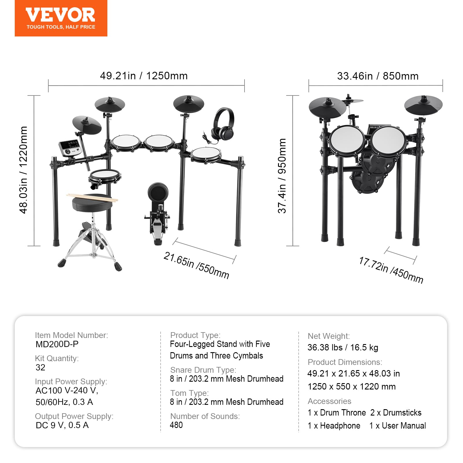 VEVOR Electric Drum Set for Beginners & Adults - 32 Drum Kits, 480 Sounds, USB MIDI Support, 8