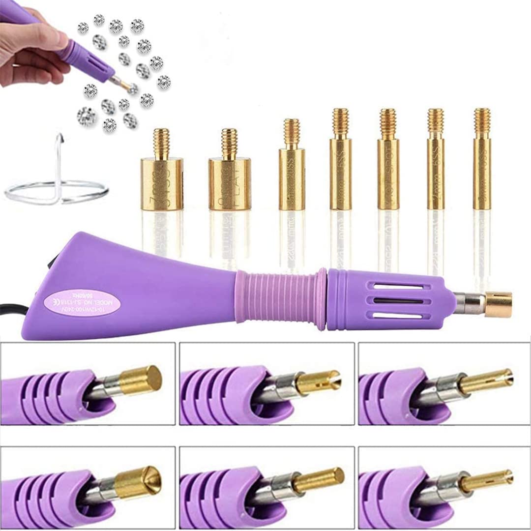Professional 7-in-1 Hotfix Rhinestone Applicator Kit with 7 Size Tips & Stand - DIY Iron-on Crystal Gem Tool for Clothing, Shoes, Bags & Crafts (Purple)