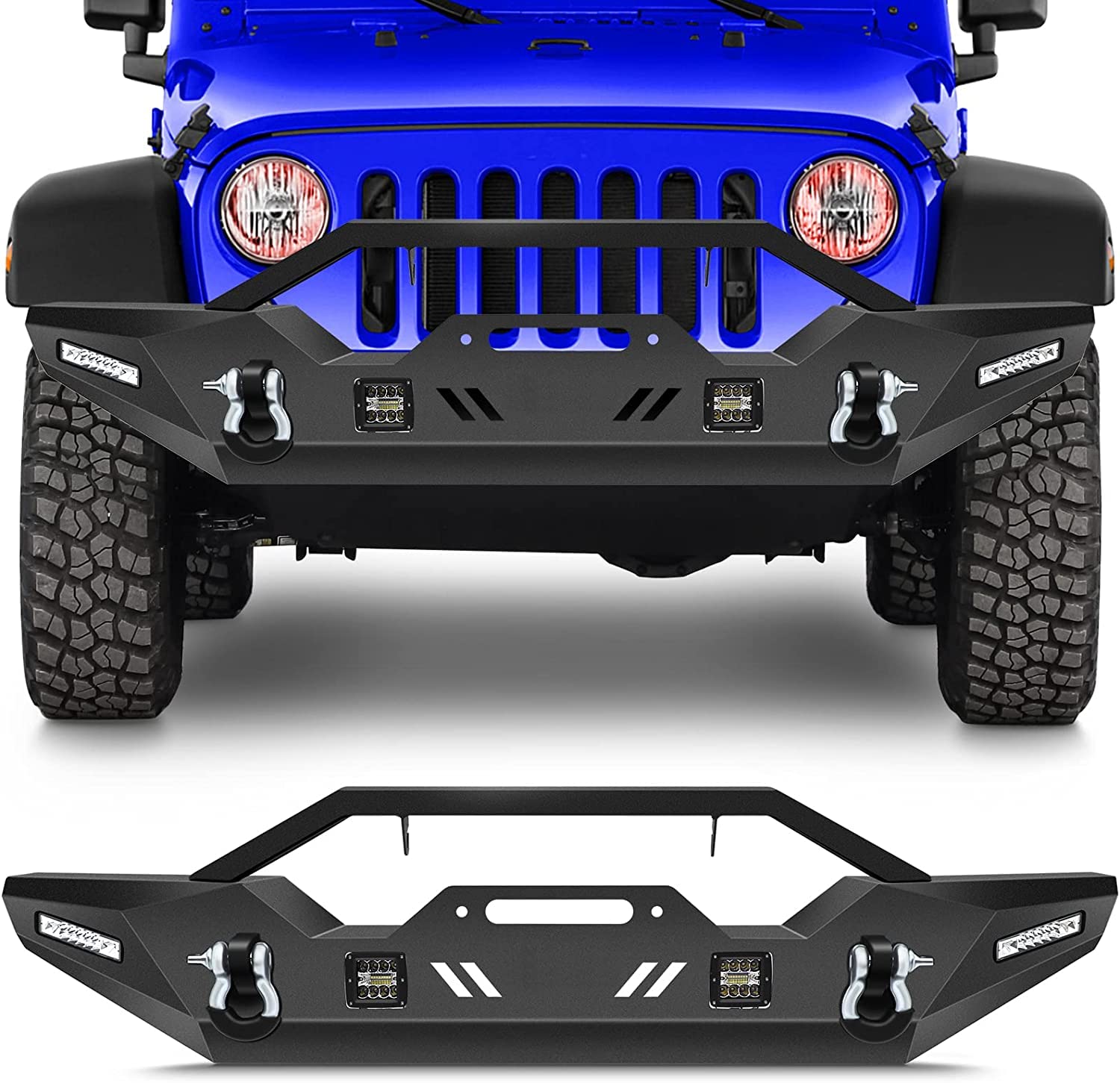 ECCPP Black Front Bumper with D-Ring & LED Lights & Winch Plate Compatible with 2007-2018 Jeep Wrangler JK - Heavy Duty Off-Road Protection for Adventure & Trail Riding