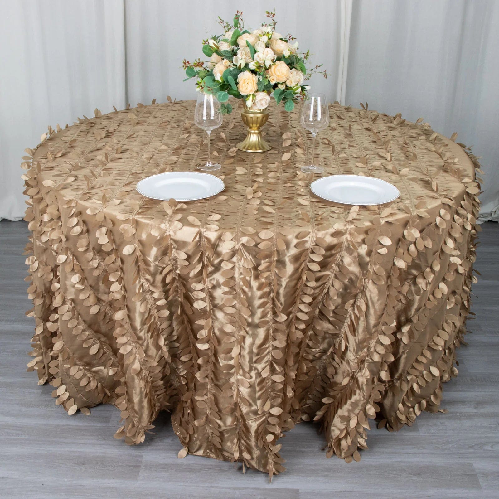 120 Inch Round Taffeta Tablecloth with Elegant Leaf Petal Design - Perfect for Weddings, Banquets, and Formal Dining Events