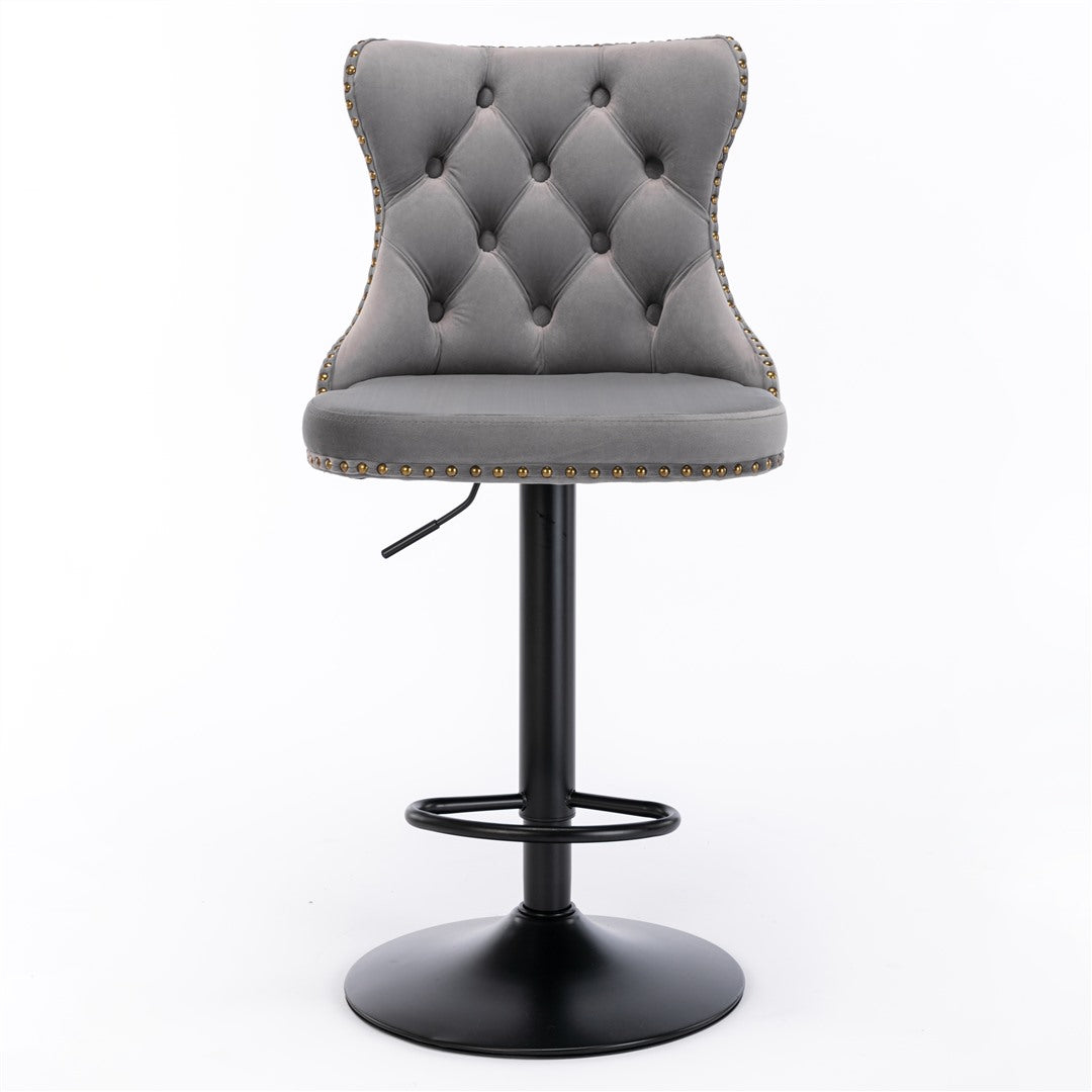Adjustable Height Swivel Bar Stools with Footrest - Velvet Upholstered Nailhead Accent Bar Chairs for Kitchen Island, Home Bar & Dining Counter - Set of 2