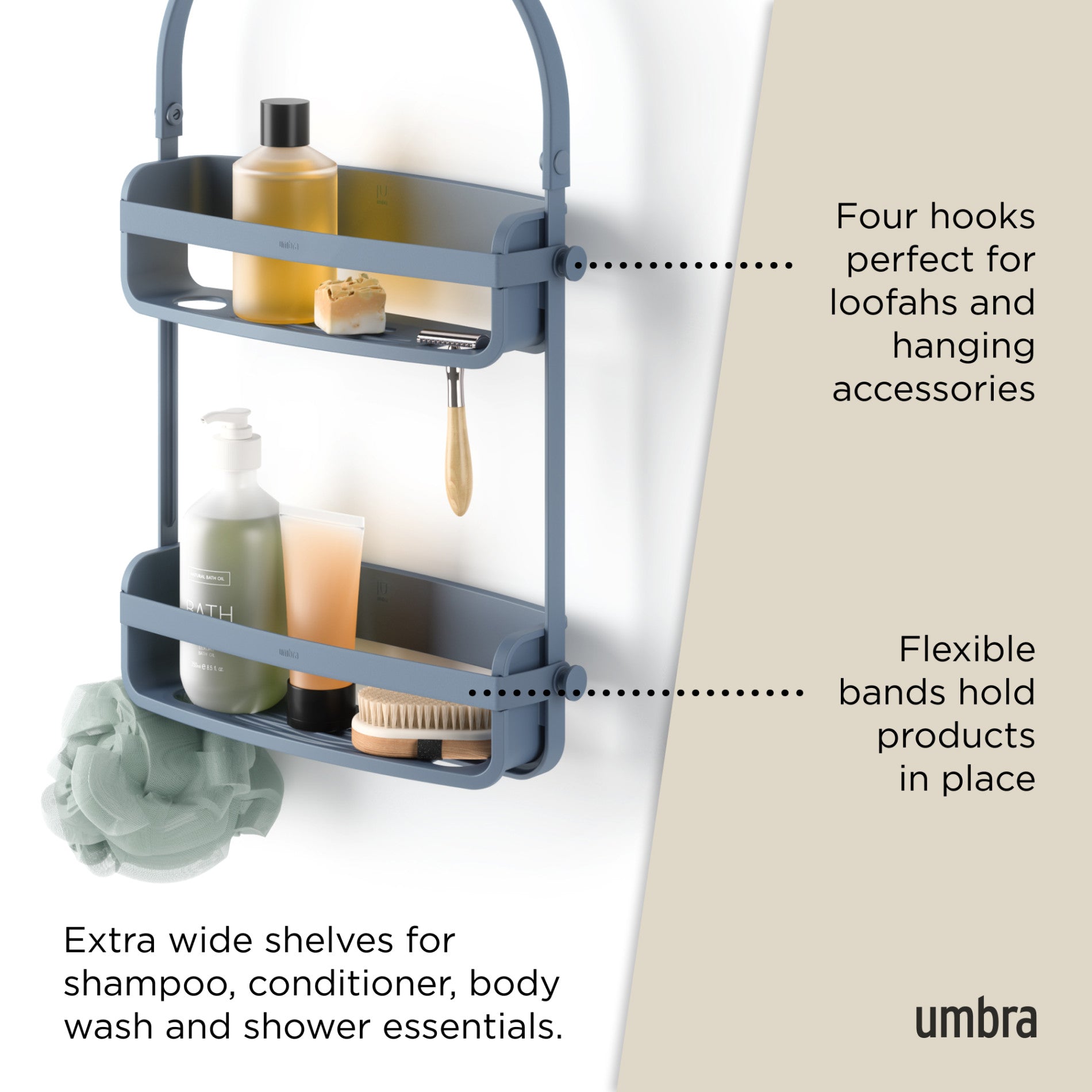 Stainless Steel Flex Shower Caddy Organizer - Rustproof Bathroom Storage Shelf with Adjustable Hooks - Perfect for Small Spaces, Apartments & Dorm Rooms
