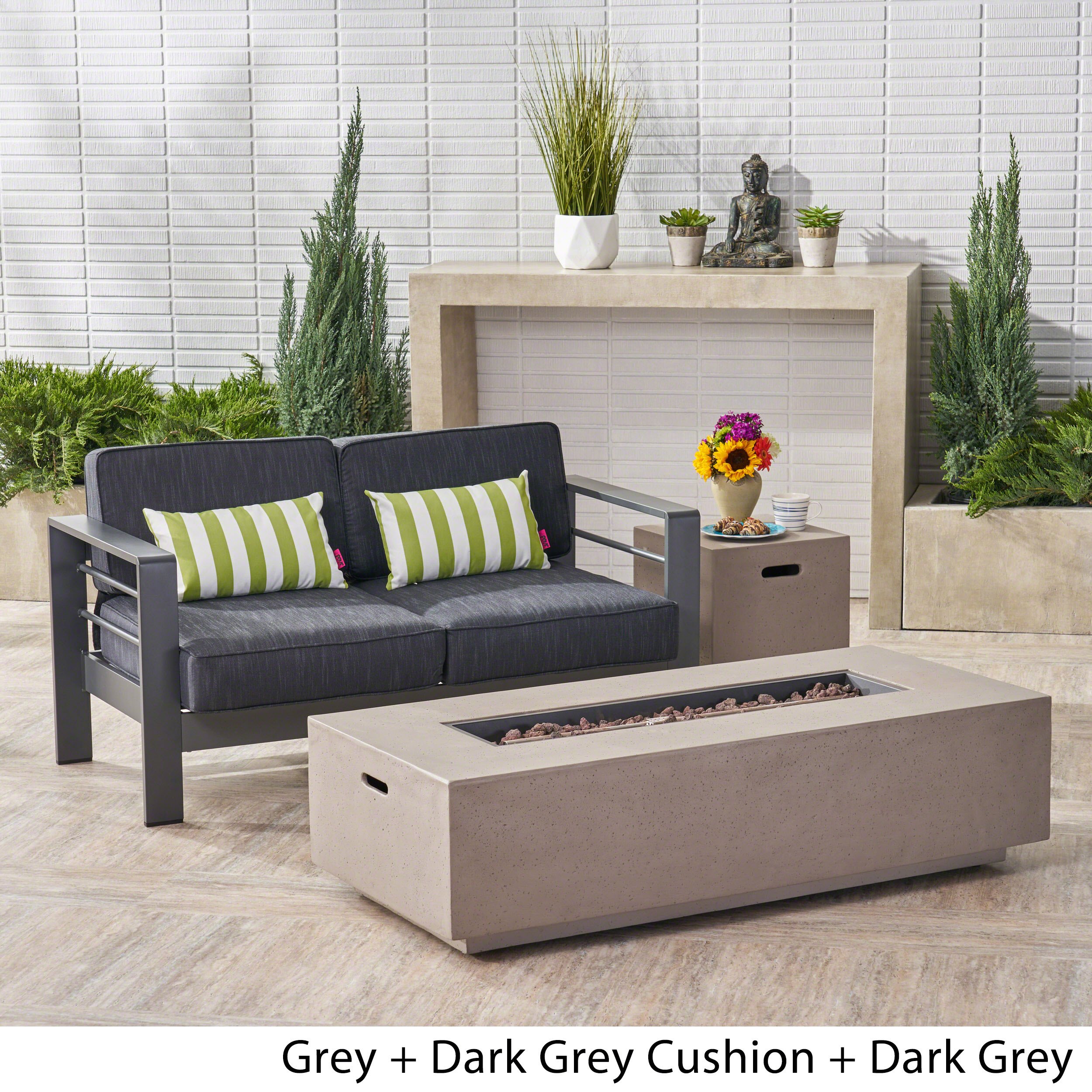 Outdoor Loveseat and Fire Pit Set with Dark Grey Cushions - Weather-Resistant Patio Furniture for Backyard, Garden & Poolside Relaxation