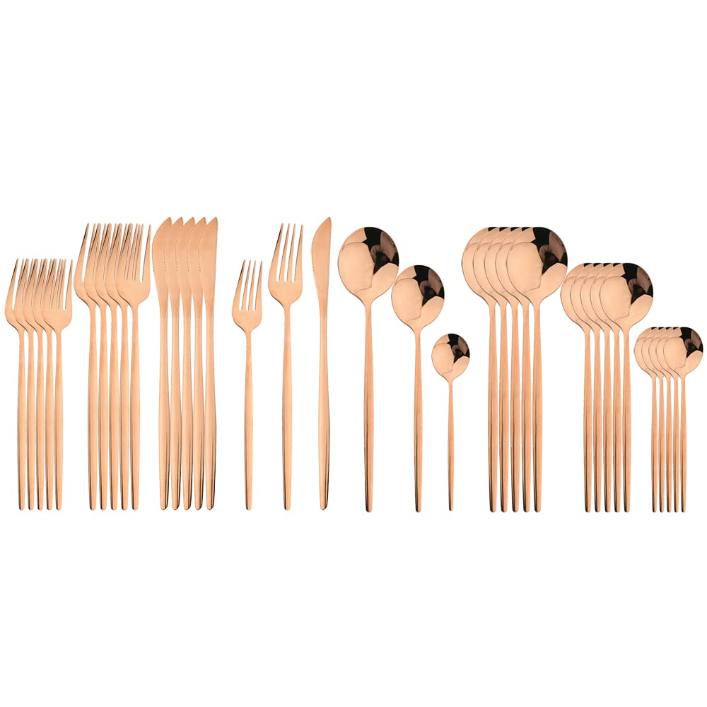 36-Piece Stainless Steel Silverware Flatware Set - Knife, Fork, Spoon, Teaspoon & Dessert Utensils - Rose Gold Cutlery for Dinnerware & Kitchen Use - Perfect for Dining, Parties, and Everyday Meals