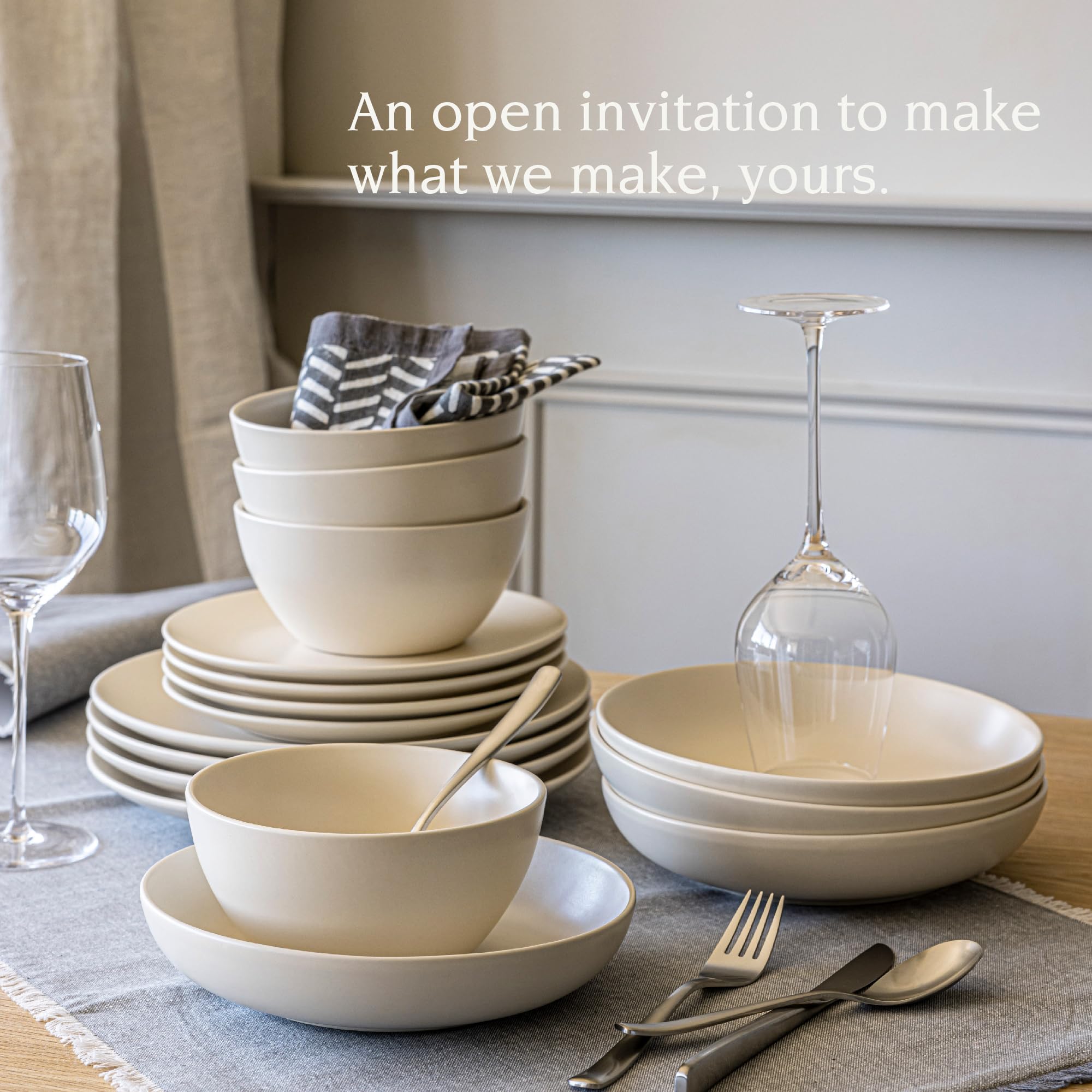Over&Back Coupe 16-Piece Stoneware Dinnerware Set - 4 Dinner Plates, 4 Salad Plates, 4 Cereal Bowls & 4 Dinner Bowls - Semi-Matte Ivory Tableware for Everyday Dining, Family Gatherings & Special Occasions
