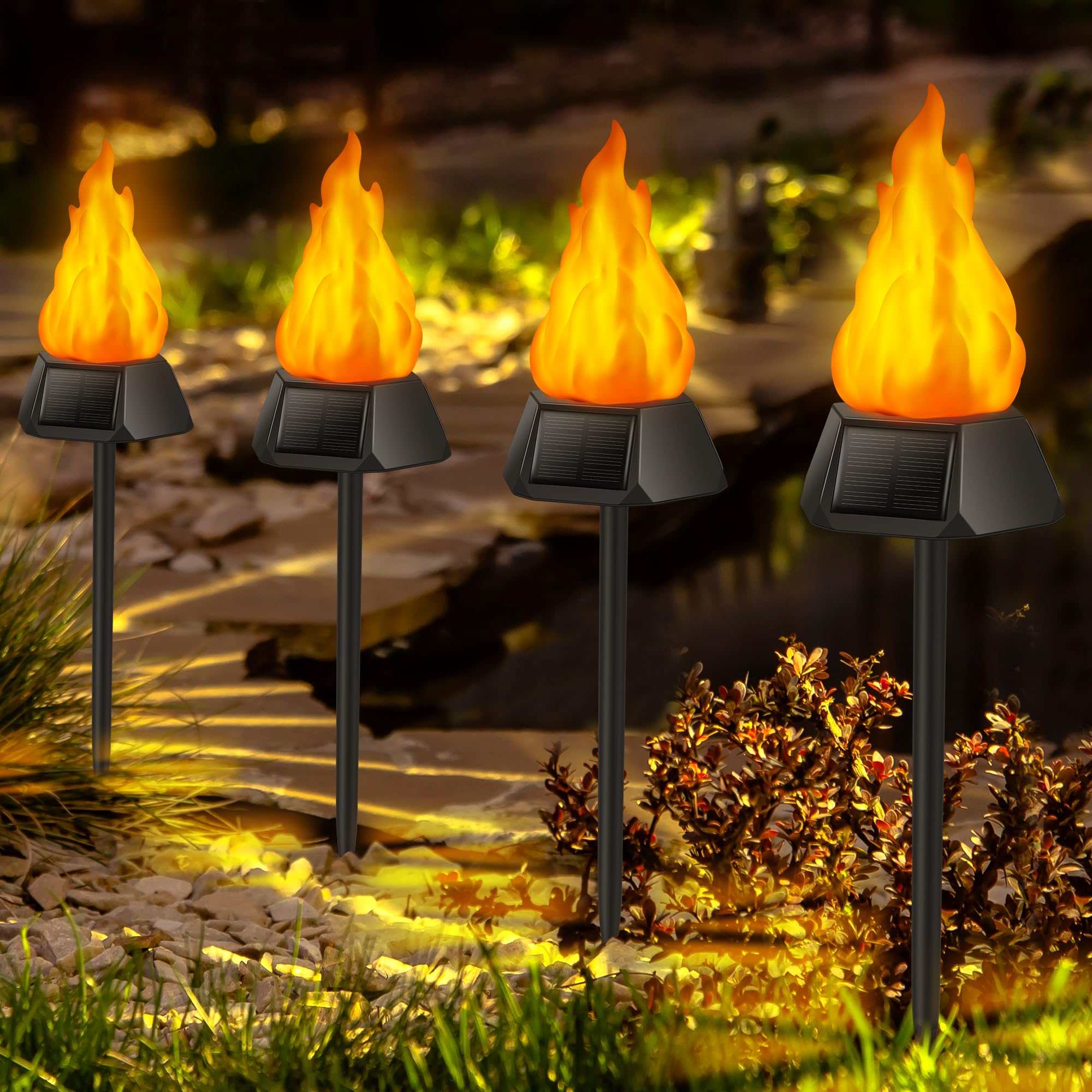 Upgraded Solar Christmas Lights Outdoor - 4 Pack IP65 Waterproof with 3 Solar Panels & Realistic Flickering Flame - Perfect for Garden, Patio, Yard, Pathway and Holiday Decorations
