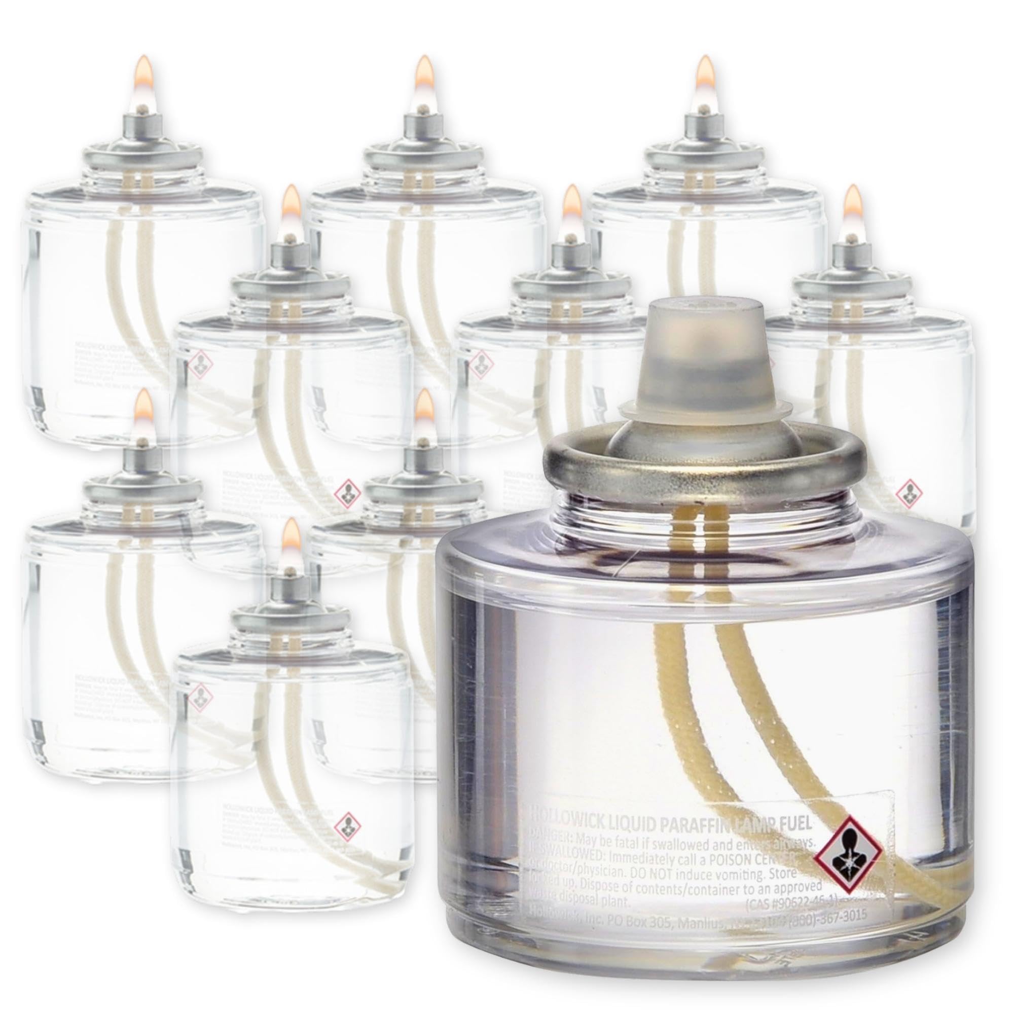 Hollowick Disposable Liquid Candles - 17 Hour Burn Time, Clear Fuel Oil for Glass Votive Holders - 12 Pack with Child-Resistant Closures - Perfect for Wedding Centerpieces, Restaurant Table Decor & Romantic Ambiance Lighting