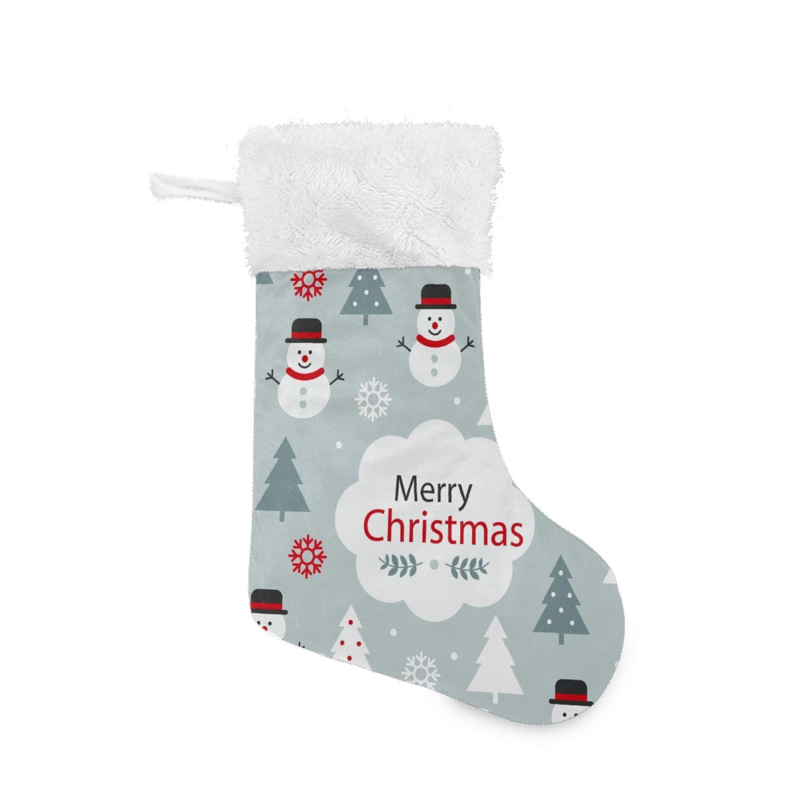 Christmas Stockings with Lovely Tree & Snowman Print, Plush Faux Fur Cuff - Holiday Candy Gift Socks for Fireplace Decor | Perfect for Family Xmas Parties & Home Decorations