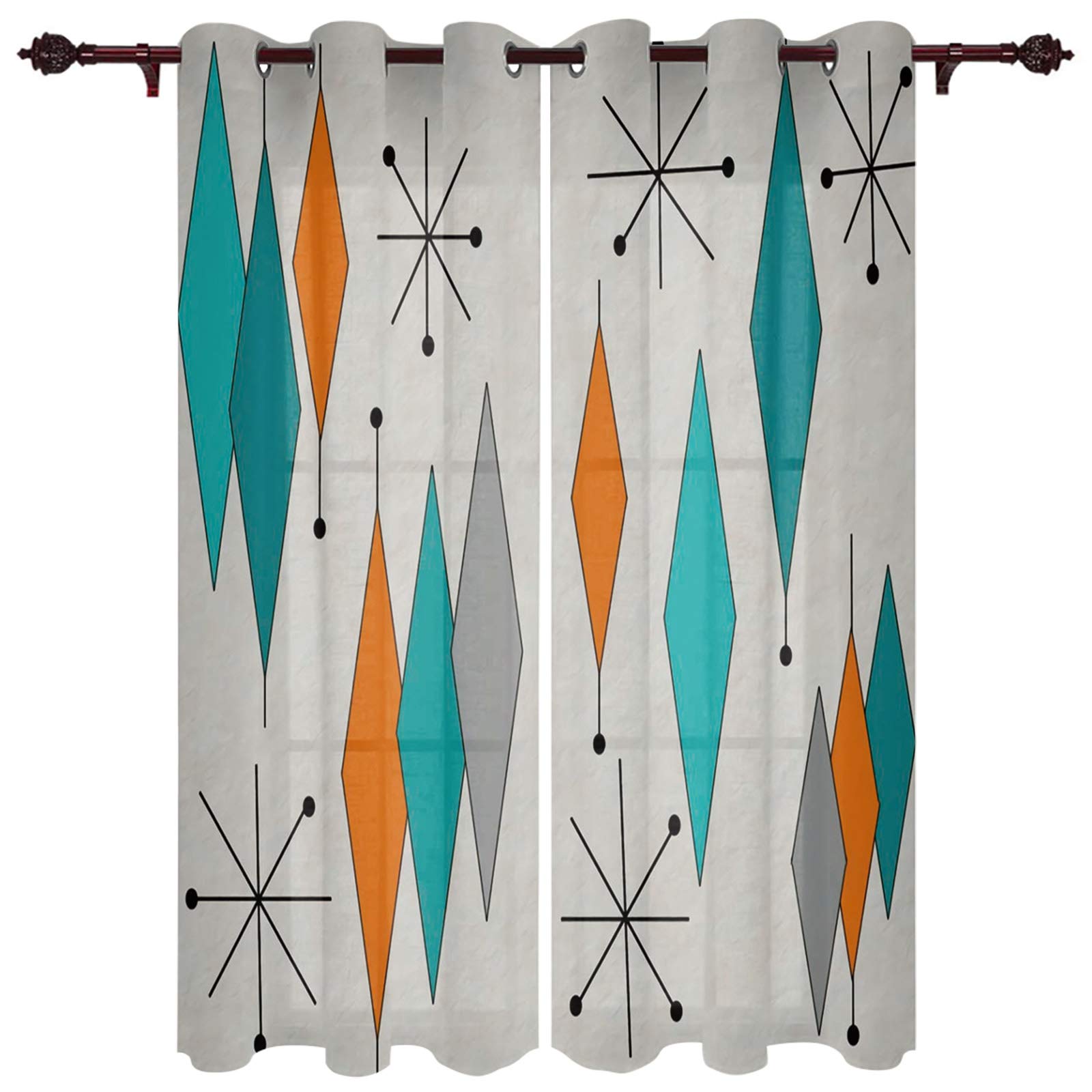 Mid-Century Modern Sheer Curtains with Diamond Pattern - 2 Panel Kitchen Tier Grommet Window Treatment, 84 Inch Length for Living Room, Bedroom, Patio & Sliding Glass Door - Perfect for Natural Light Filtering and Privacy