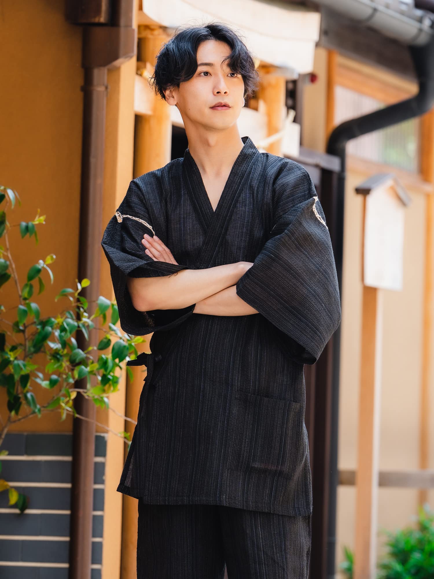 SIJIRAORI Men's Kimono Jimbei - 2XL Black Blue & Yellow Stripe Japanese Loungewear | Breathable Cotton Sleepwear, Casual Summer Outfit for Men | Perfect for Daily Wear, Ninja Cosplay & Halloween Costumes