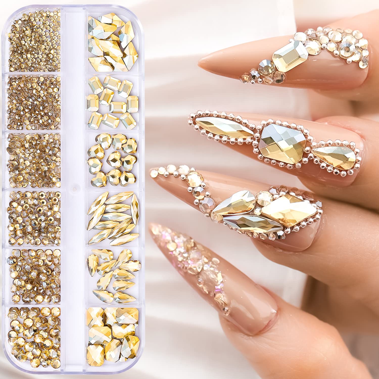 1130Pcs Champagne Gold Rhinestones for Nails - Flat Bottom Gold Diamond Nail Art Gems for Acrylic Nails, DIY Crafts | 12 Grids | Perfect for Nail Salon, Home Manicure & Jewelry Making