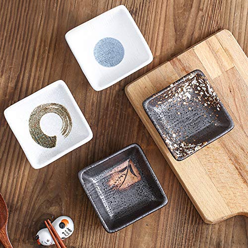 Japanese Style Square Porcelain Side Dish Bowls - Black & White / Black & Brown (Set of 4) - Perfect for Soy Sauce, Dipping Sauces, Seasonings, Sushi, and Asian Cuisine