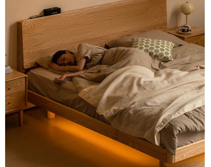 Solid Oak Wood Modern Floating Bed Frame - Queen Size, Sturdy Platform Bed with LED Lights for Bedroom, Living Room, Guest Room