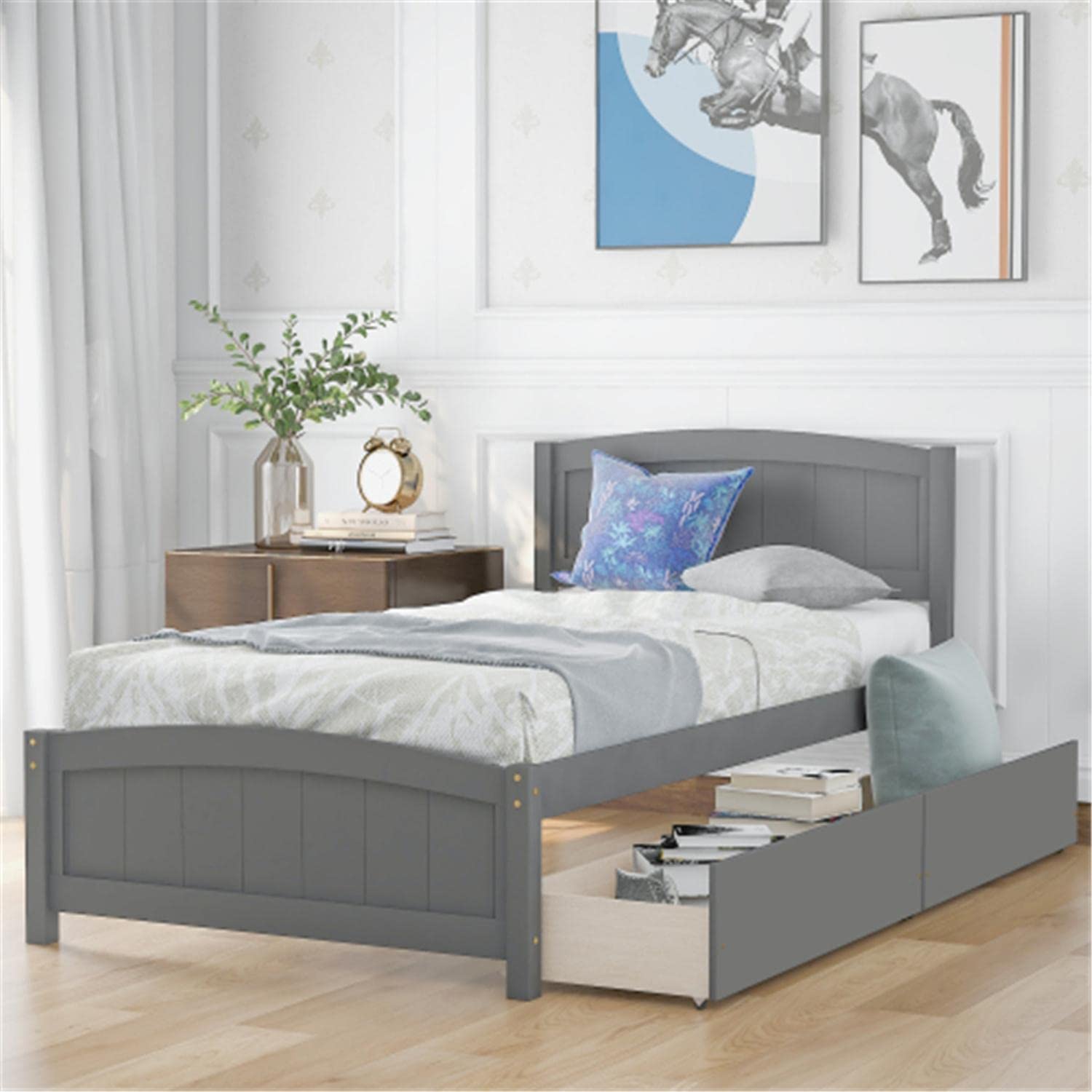 Twin Platform Bed Frame with 2 Drawers & Headboard - Sturdy Wood Slat Support, Gray - Perfect for Small Bedrooms & Guest Rooms