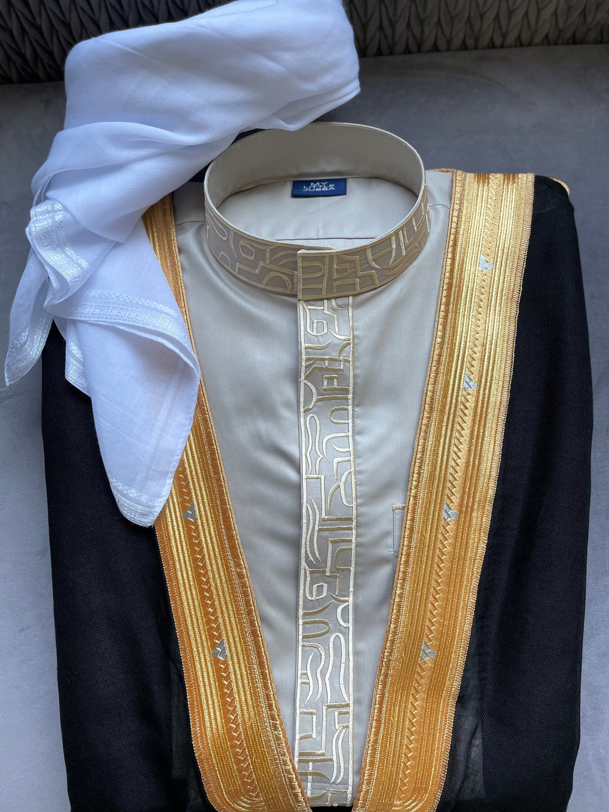 Premium Men's Light Grey Thobe with Gold Embroidery - 3 Piece Set for Eid, Wedding & Special Occasions
