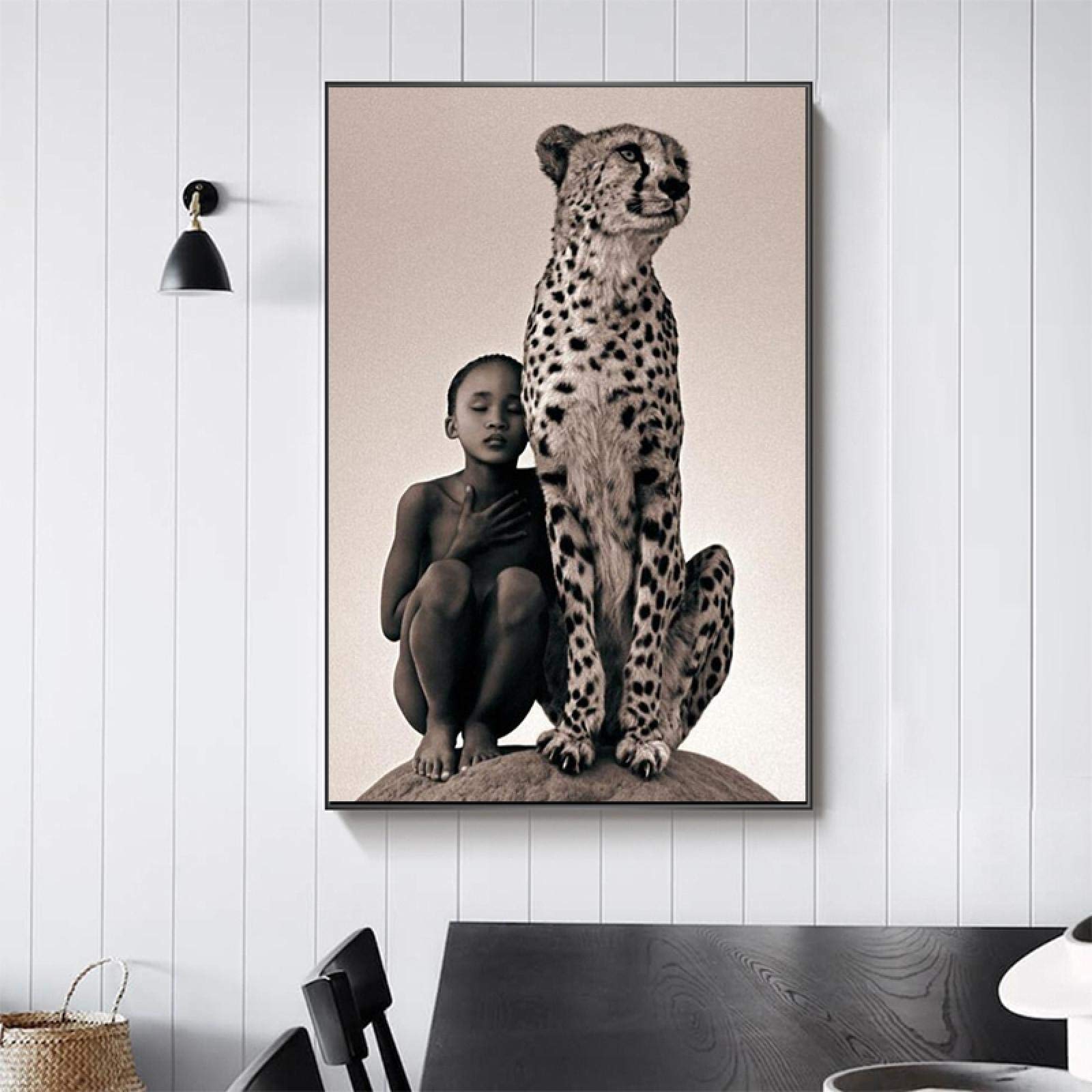 Wild African Animal Canvas Art - Boy and Cheetah Painting, 40x60cm (15.75x23.62in) Unframed Wall Decor for Living Room, Bedroom & Office | Safari Themed Home Decor | Perfect for Wildlife Lovers & Nature Inspired Interiors
