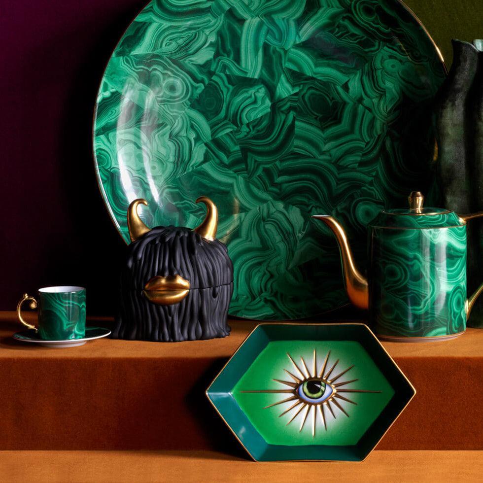 Premium Malachite Espresso Cup & Saucer Set - 6 Piece Stoneware Coffee Cups with Elegant Green Glaze - Perfect for Italian Coffee, Espresso Bars & Home Café Decor