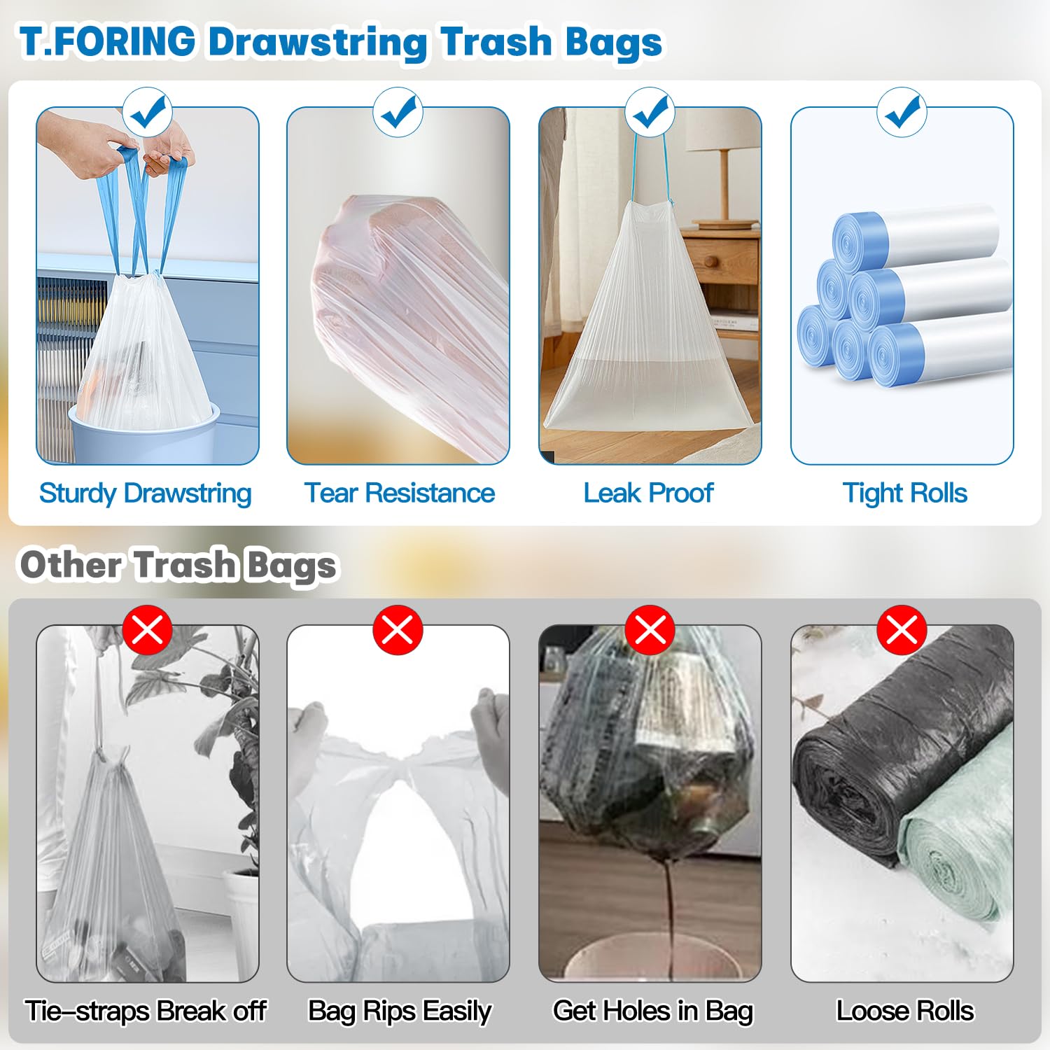 4 Gallon Trash Bags with Drawstring - 120 Count White Small Garbage Bags (1.1 Mil Thick, Unscented) for Bathroom, Toilet, Home, Office & Bedroom - 15 Liter Wastebasket Liners for Daily Use and Easy Disposal