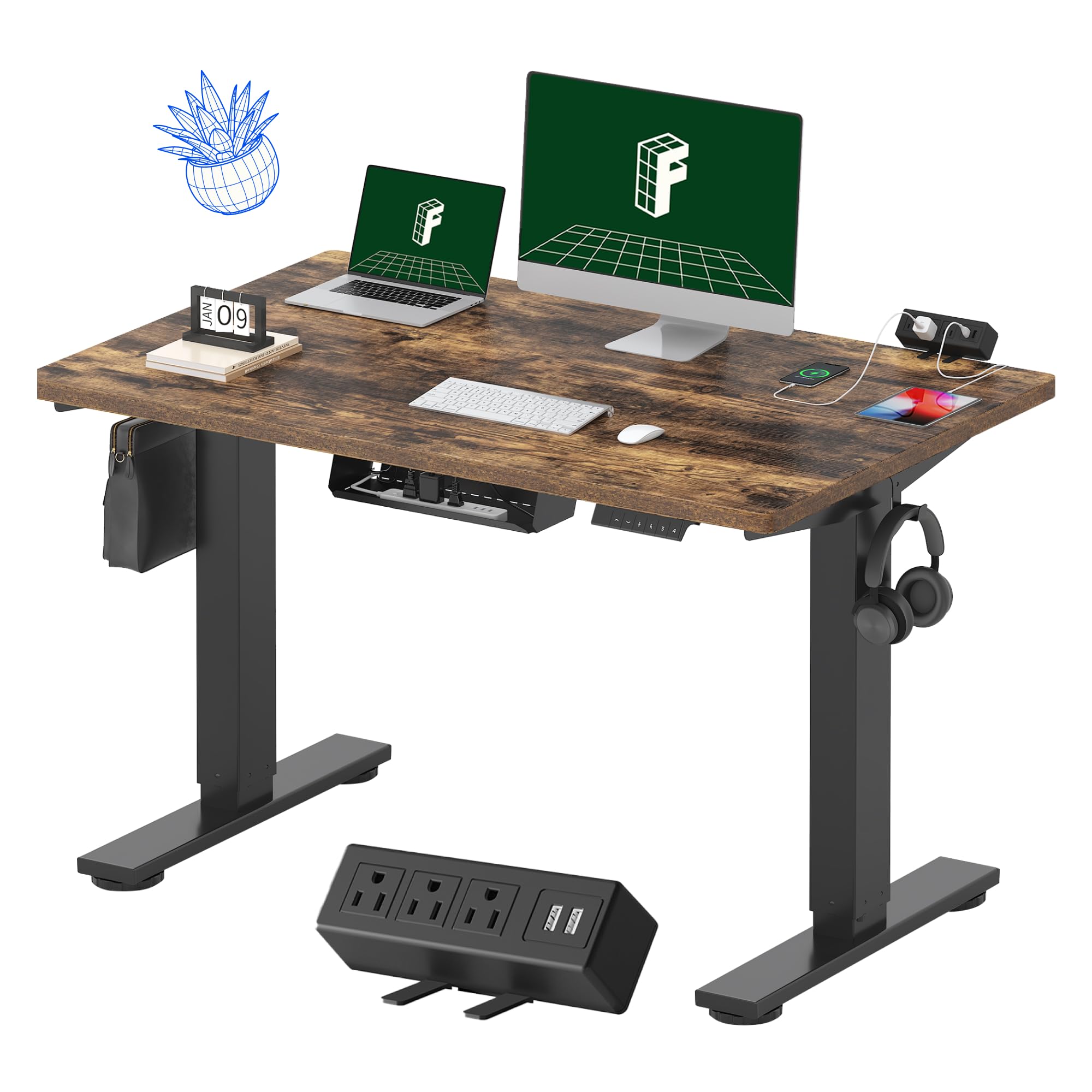 FlexiSpot EN2 Whole-Piece Electric Standing Desk - 48 x 30 Inch Height Adjustable Workstation with Built-in Power Strip & Cable Management (Black Frame/Rustic Brown Top) - Perfect for Home Office, Gaming Setup & Ergonomic Workspace
