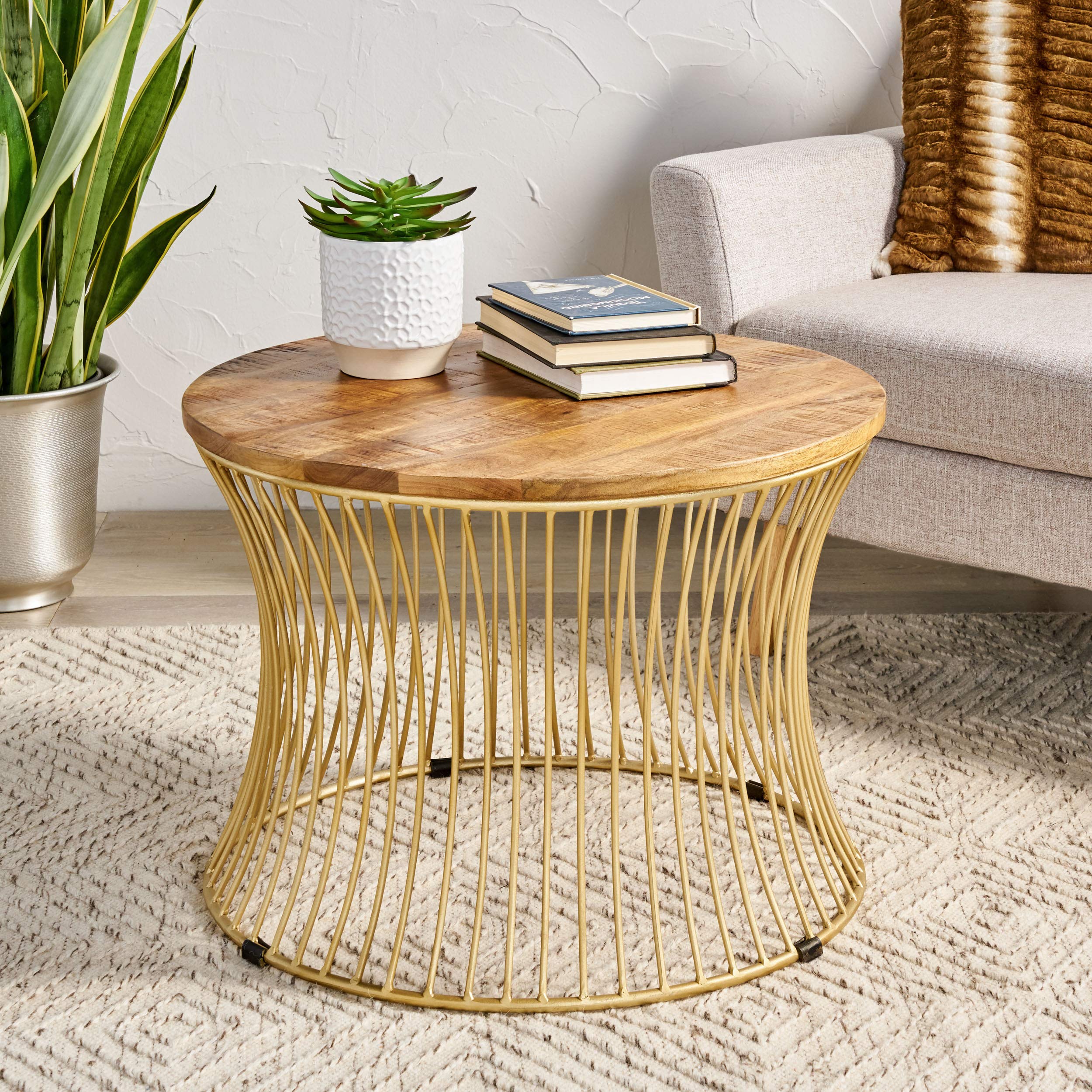 Christopher Knight Home Lydia Coffee Table - Natural Wood Finish with Gold Accents - Perfect for Living Room, Lounge & Home Decor