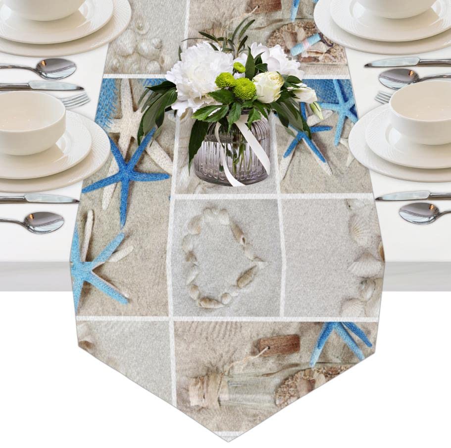 AUUXVA 13x90 Inches Long Beach-Themed Table Runner - Summer Seashell Print Polyester Tablecloth for Dining, Kitchen, Coffee Tables - Perfect for Home Decor, Parties, Banquets & Holiday Celebrations | Coastal & Nautical Theme Decor