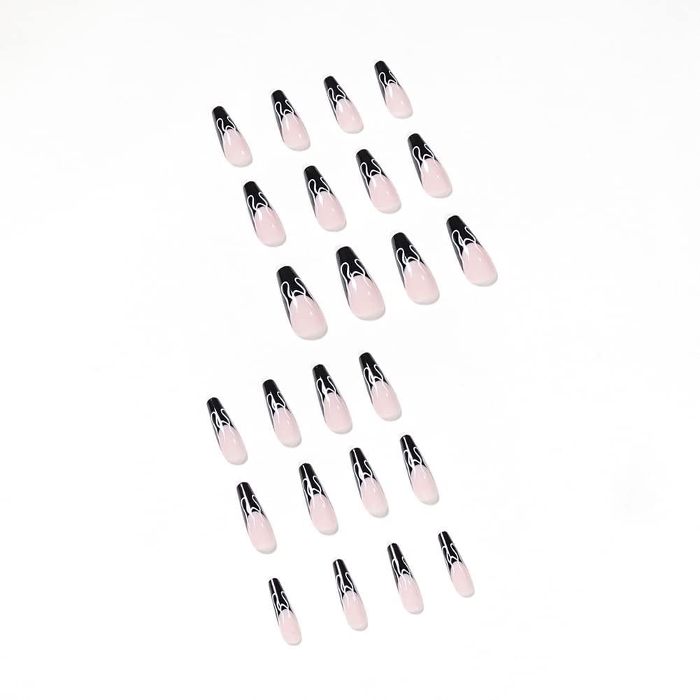 24Pcs Long Coffin Press on Nails - Flame Design Glossy Fake Nails for Women, Full Cover Ballerina Clip on Nails, Easy to Apply at Home, Perfect for Parties, Weddings & Special Occasions