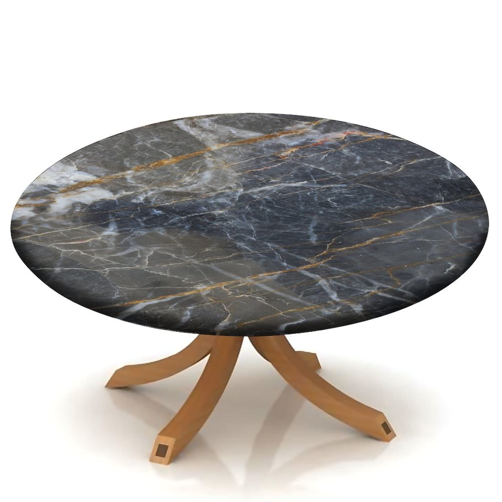 SongYi Spill-Proof Marble Round Fitted Tablecloth - Waterproof Kitchen Dining Table Cover with Patterned Texture (28''-32'' Round Tables) - Elegant Black Gray Gold Design for Home Decor & Dinner Parties