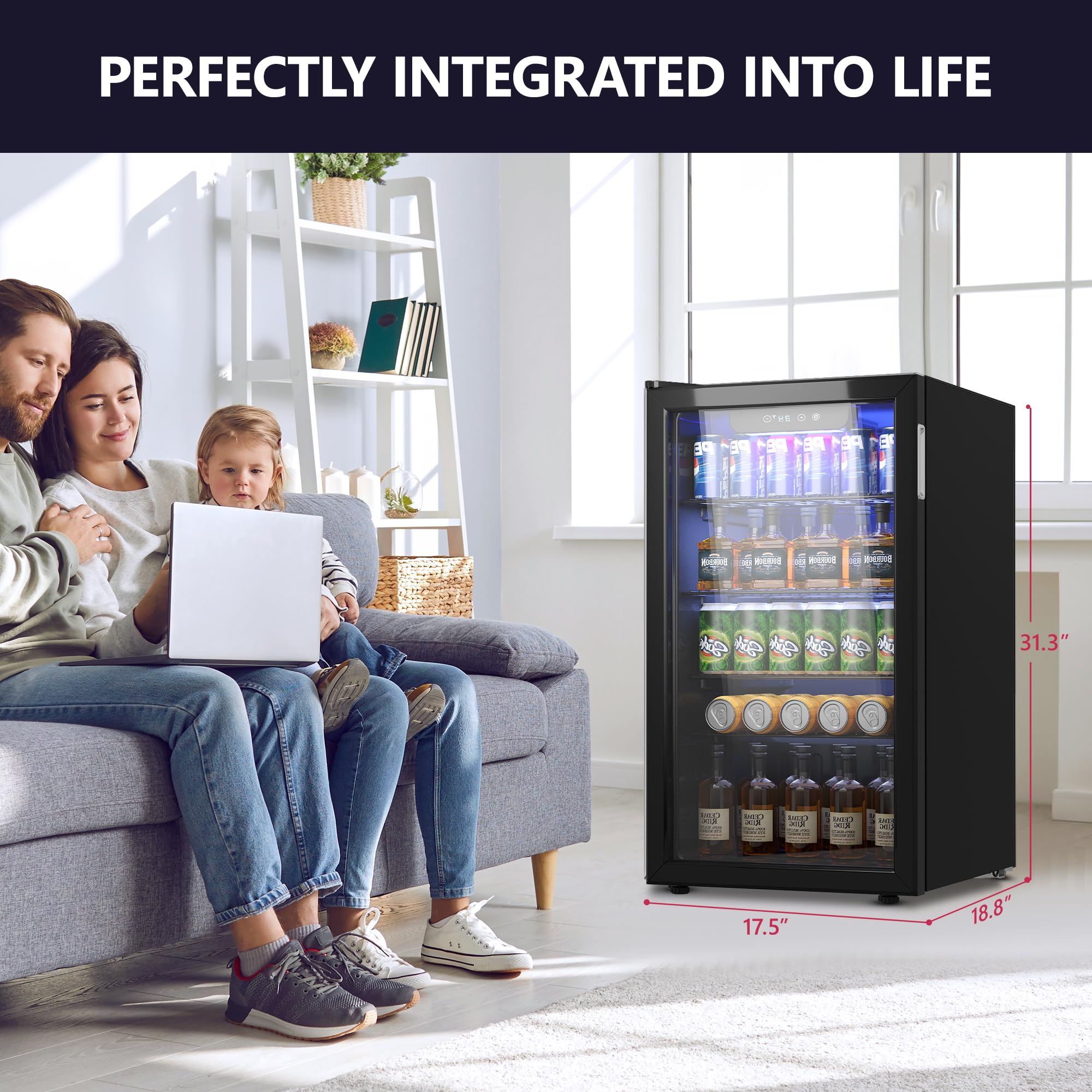 126 Can Mini Beverage Refrigerator Cooler with Glass Door - Adjustable Shelves for Soda, Beer, Wine - Perfect for Home, Office, Bar, and Outdoor Entertaining, Black