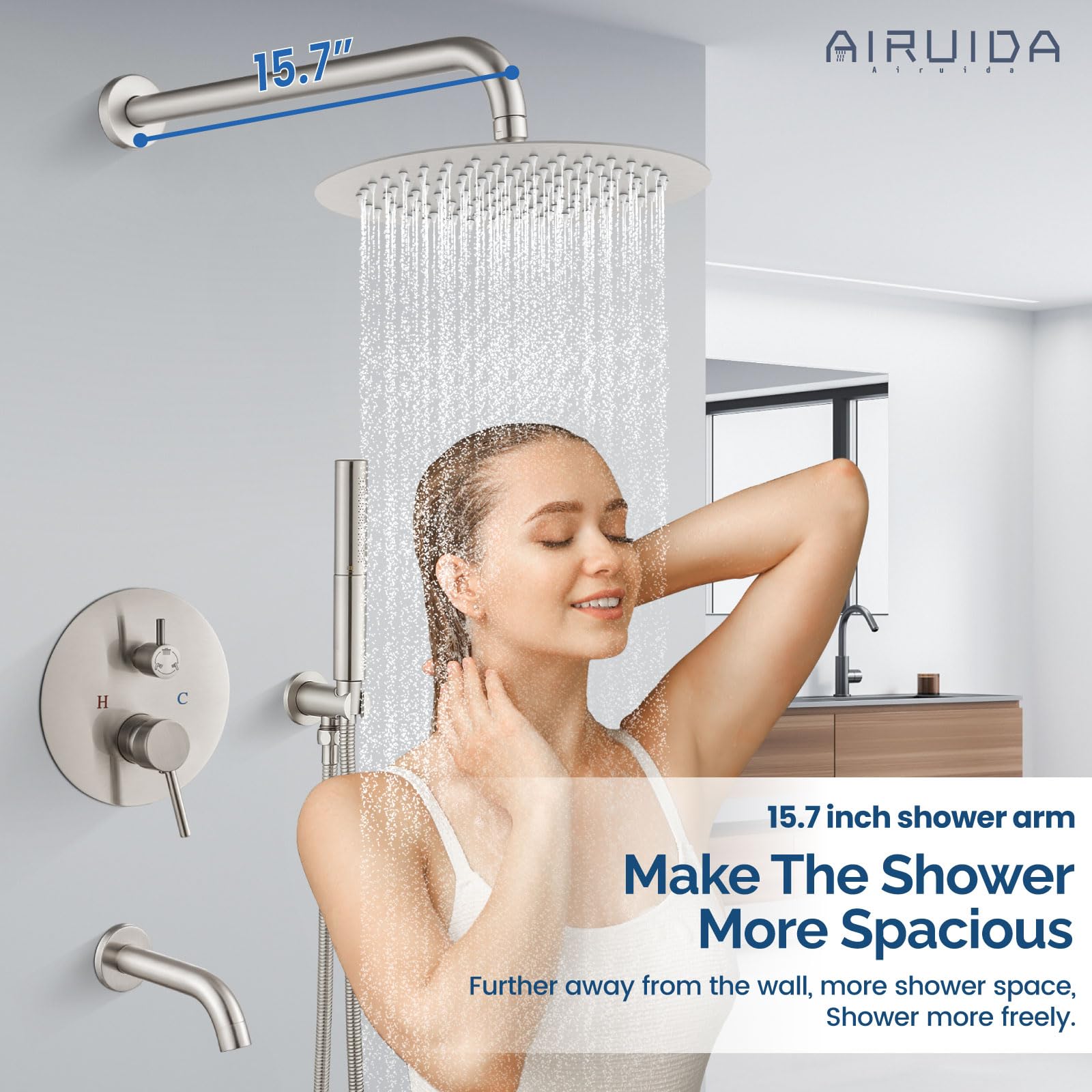 Airuida 12-Inch Round Shower System Set - Brushed Nickel Wall Mount 3-Function Rain Shower Faucet with Tub Spout & 2-Function Handheld Shower - Perfect for Bathroom Renovation and Modern Home Spa Experience