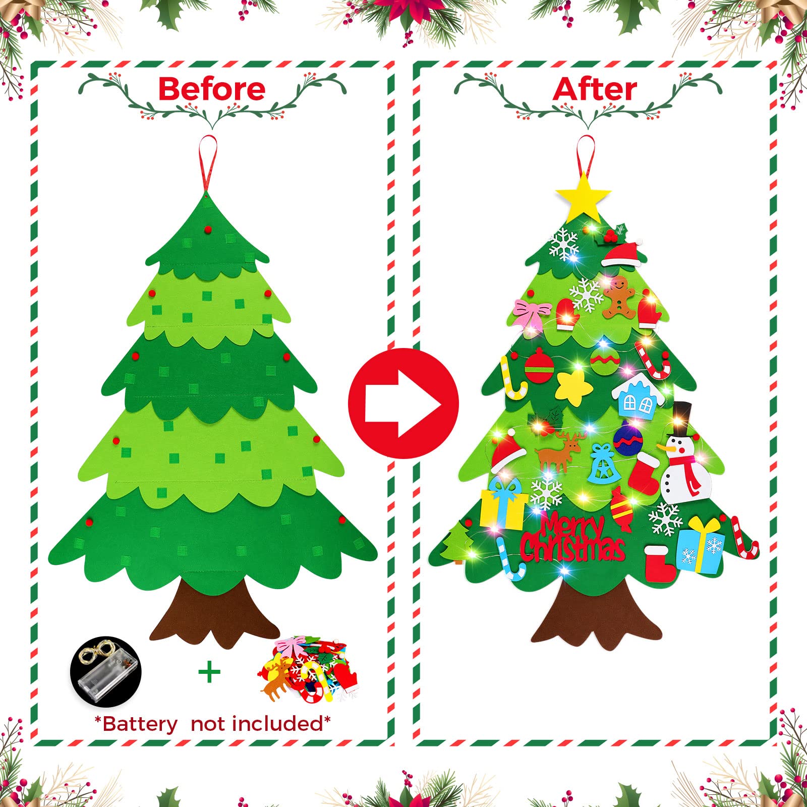 DIY Felt Christmas Tree Wall Hanging with LED String Lights & 32 Detachable Ornaments - Holiday Home Decor for Parties, Living Room, Bedroom & Nursery Decorations