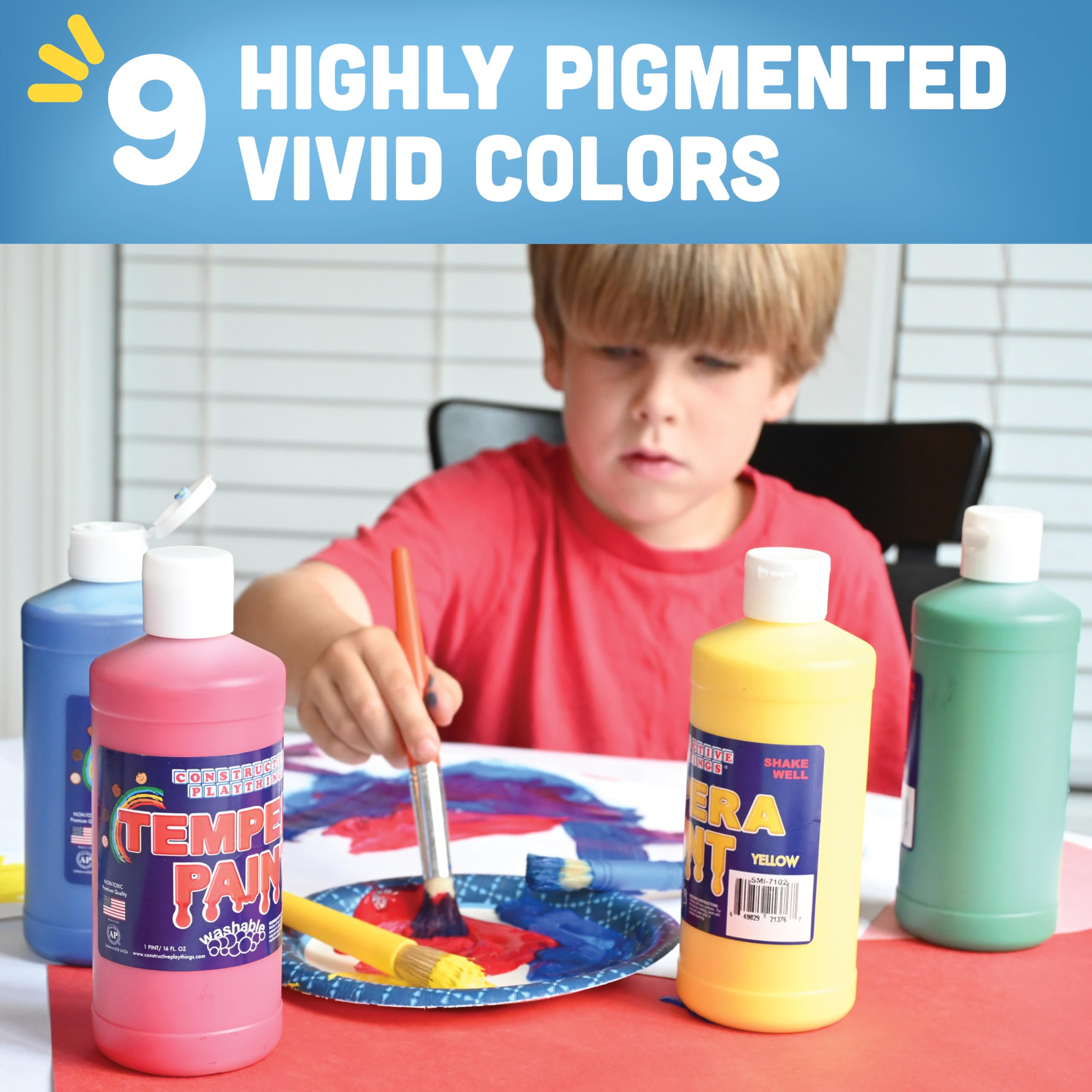 Washable Tempera Paint Set for Kids - Non-Toxic, 9 Vibrant Colors (1 Gallon Each) - Perfect for Classroom Art Projects, DIY Crafts & Creative Painting Activities