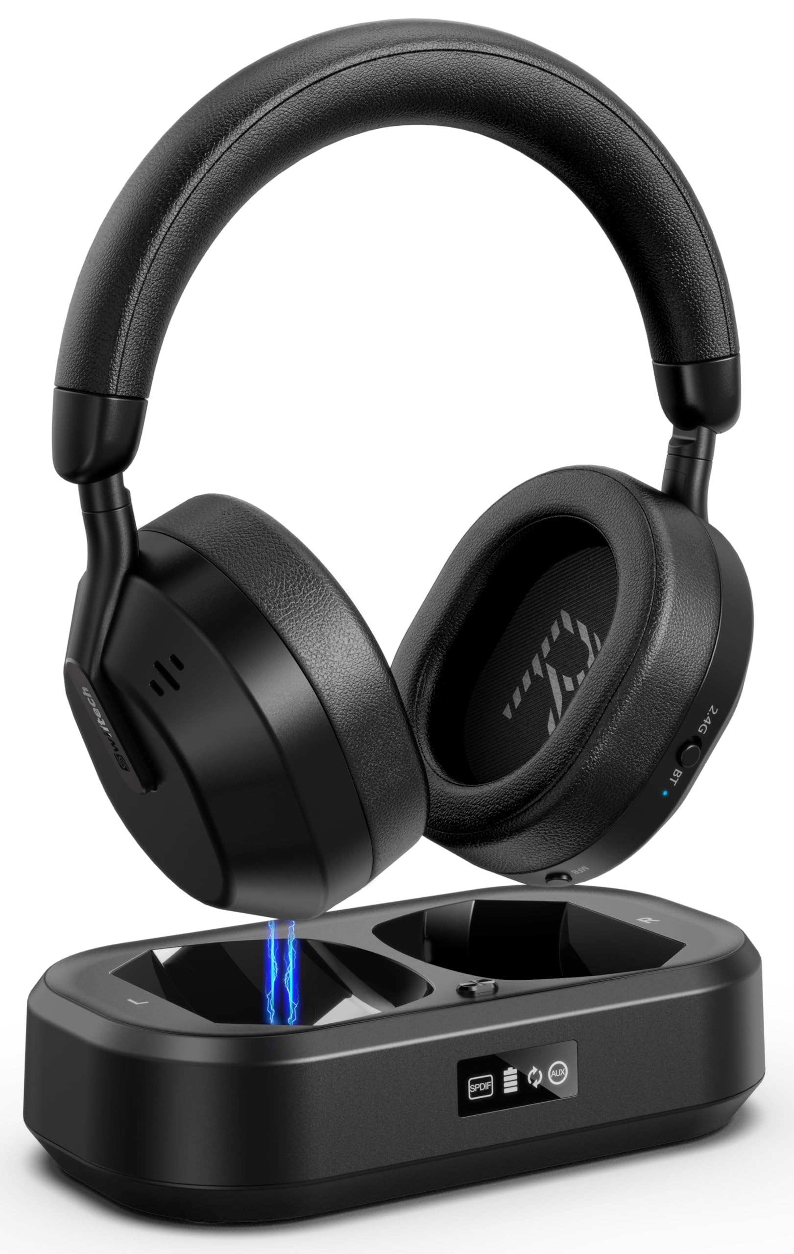 Wireless TV Headphones with LED Display & Bluetooth 5.3 - No Lip Sync Delay, Plug & Play - Includes Charging Base & Transmitter - Perfect for Seniors & Home Theater (Black) - Ideal for Late-Night Viewing & Hearing Assistance