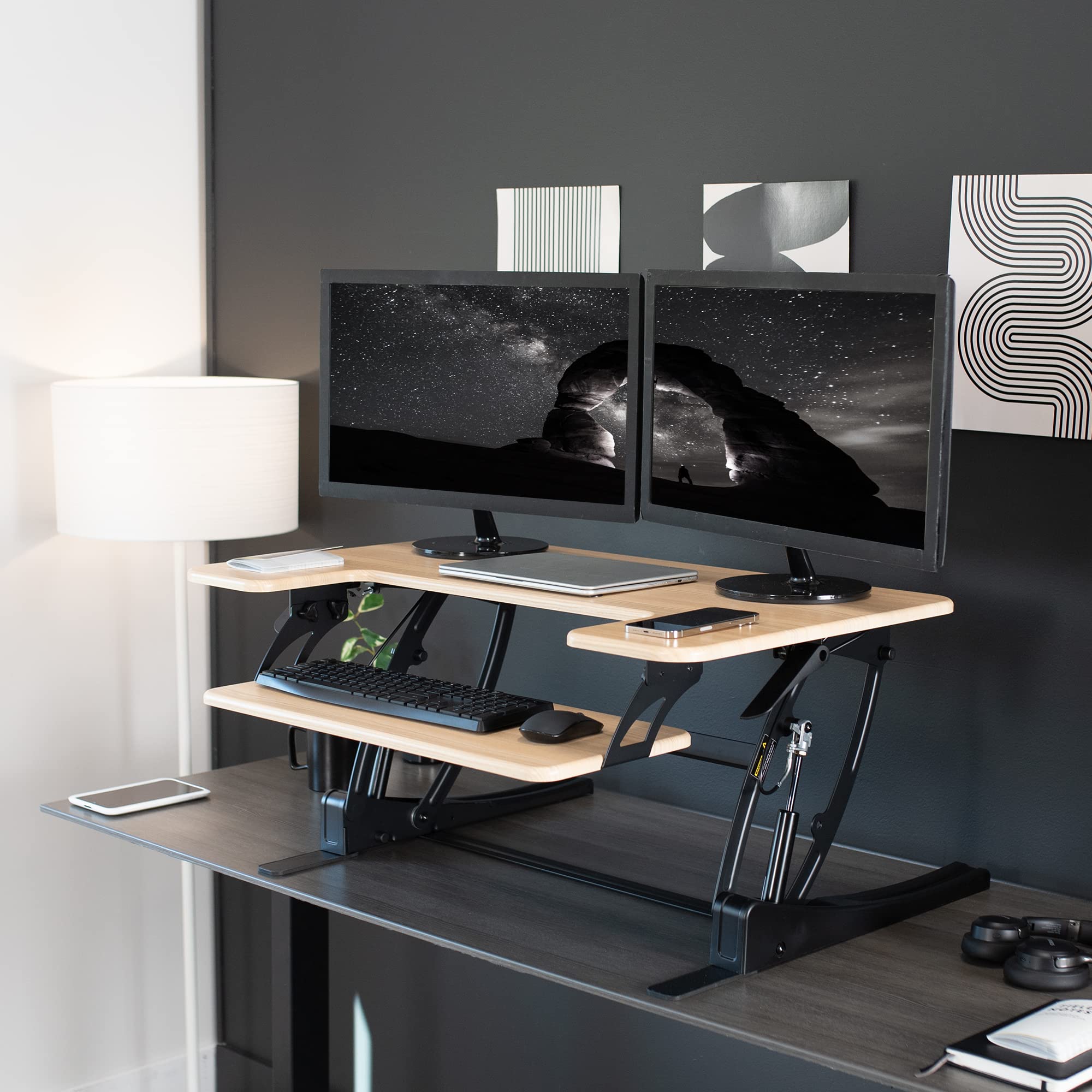 VIVO V Series 36 Inch Height Adjustable Stand Up Desk Converter - Quick Sit to Stand Tabletop Dual Monitor Riser Workstation with Light Wood Top & Black Frame (DESK-V000VO) - Perfect for Home Office, Gaming Setup & Workspace Ergonomics