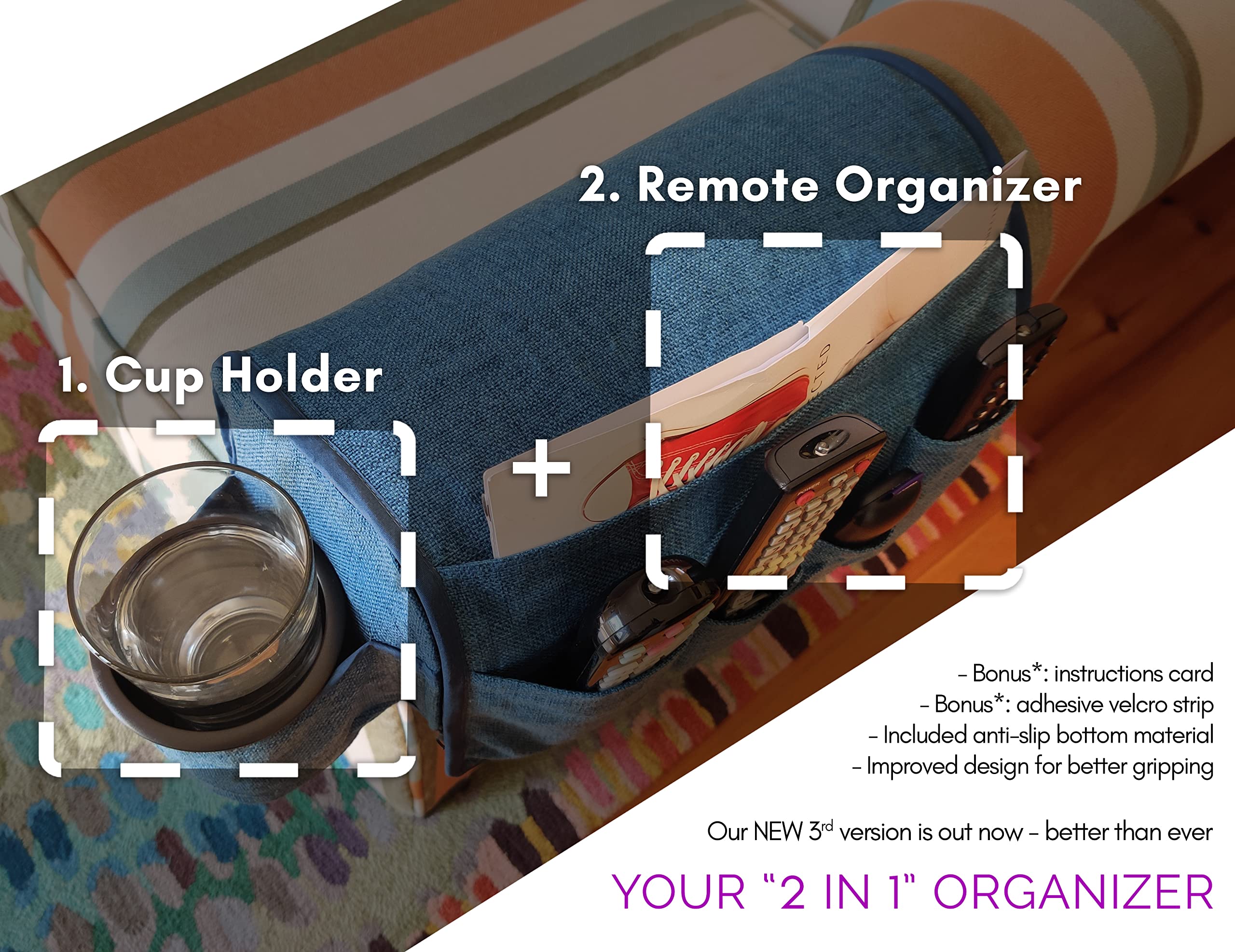 Non-Slip Couch Caddy Remote Control Holder with 6 Storage Pockets & Cup Holder - Armrest Organizer for Recliner, Armchair, Sofa (6 Inches, Dark Teal) - Perfect for Living Room, Home Theater & Office Relaxation