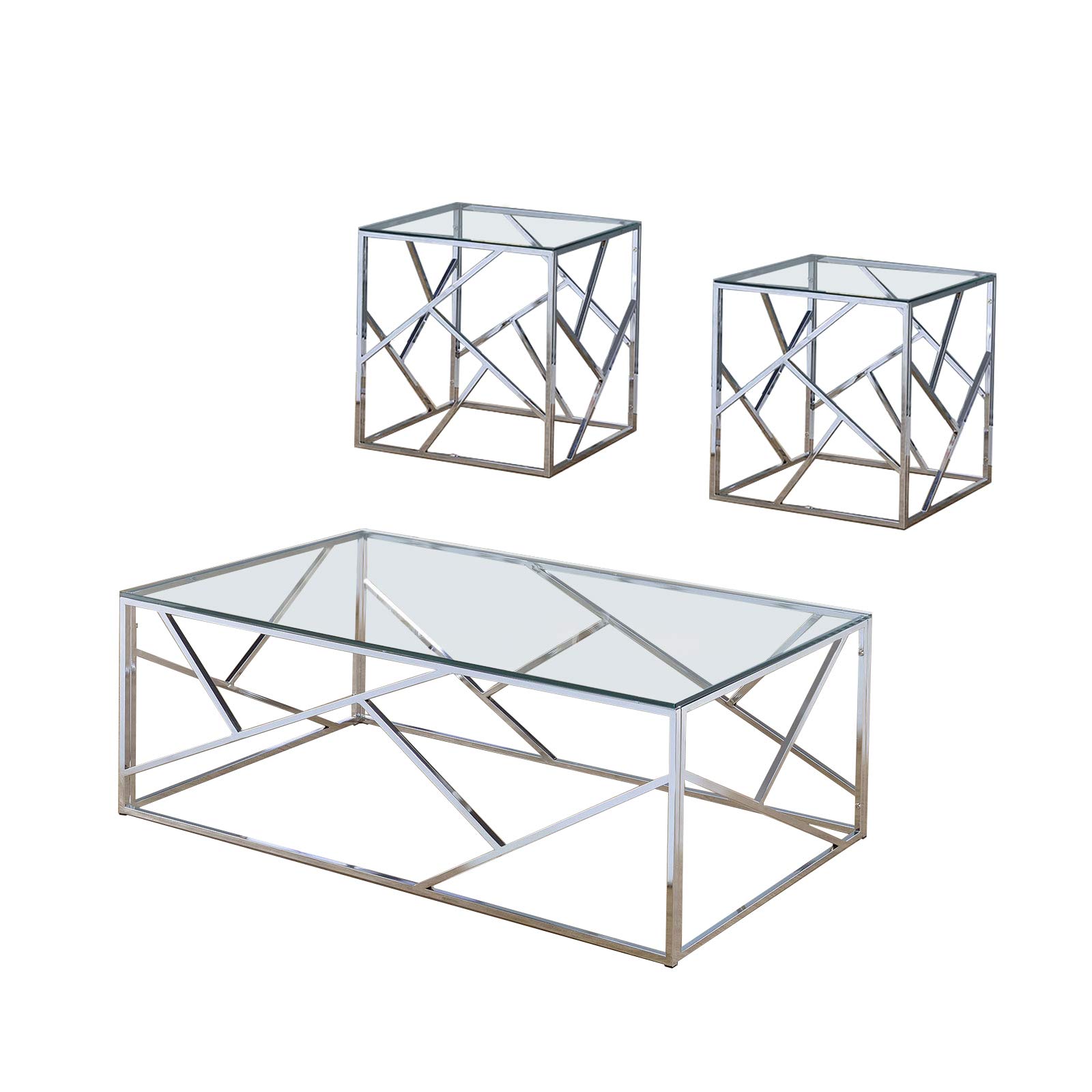 Benjara Industrial 3-Piece Glass Coffee Table Set with Geometric Metal Base in Silver - Modern Living Room Furniture for Small Spaces & Apartments