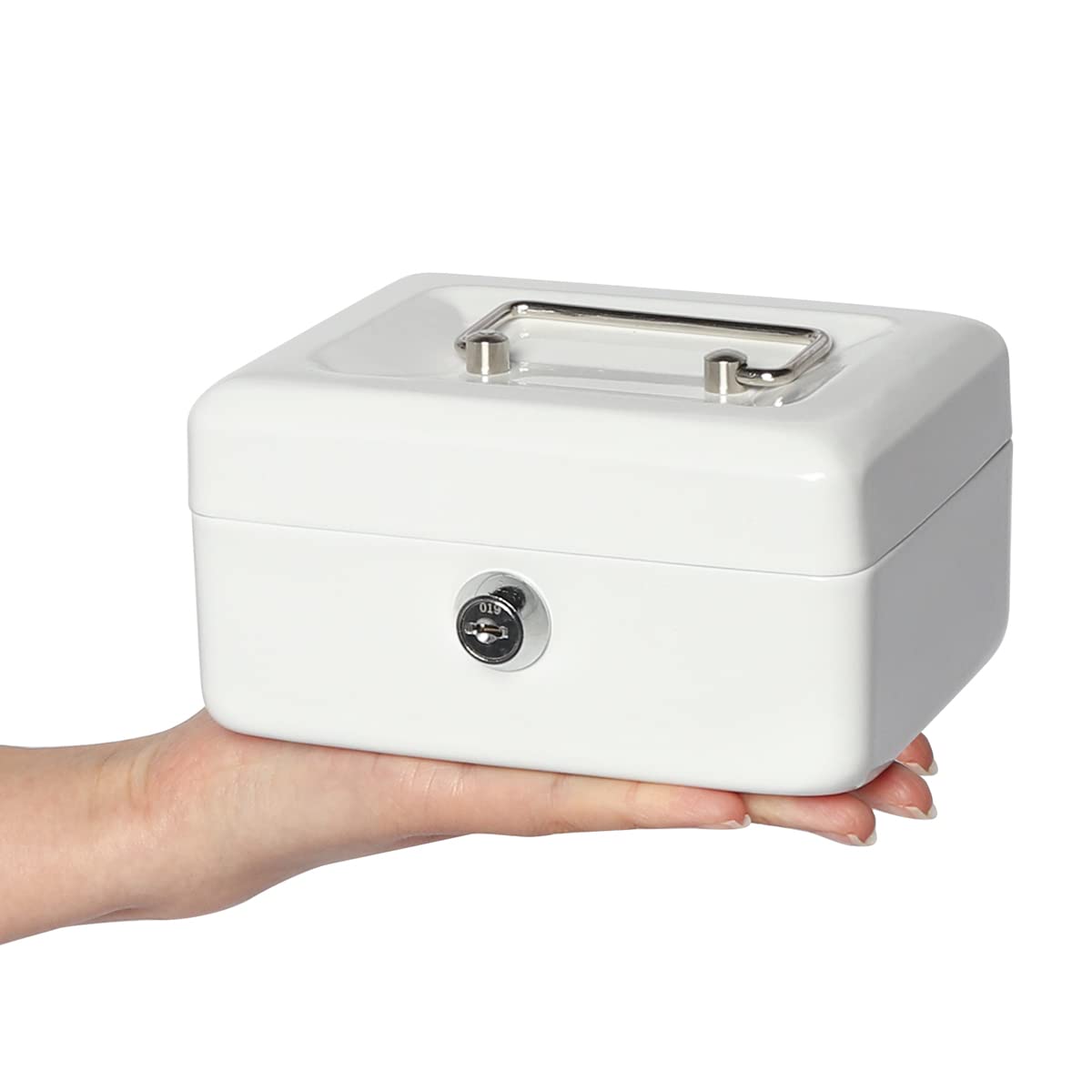 Small Lock Box with Money Tray - Portable Metal Cash Safe for Kids & Home Use - Secure Storage for Money, Jewelry & Valuables - Perfect for Piggy Bank, Allowance Savings & Home Office Organization (White)