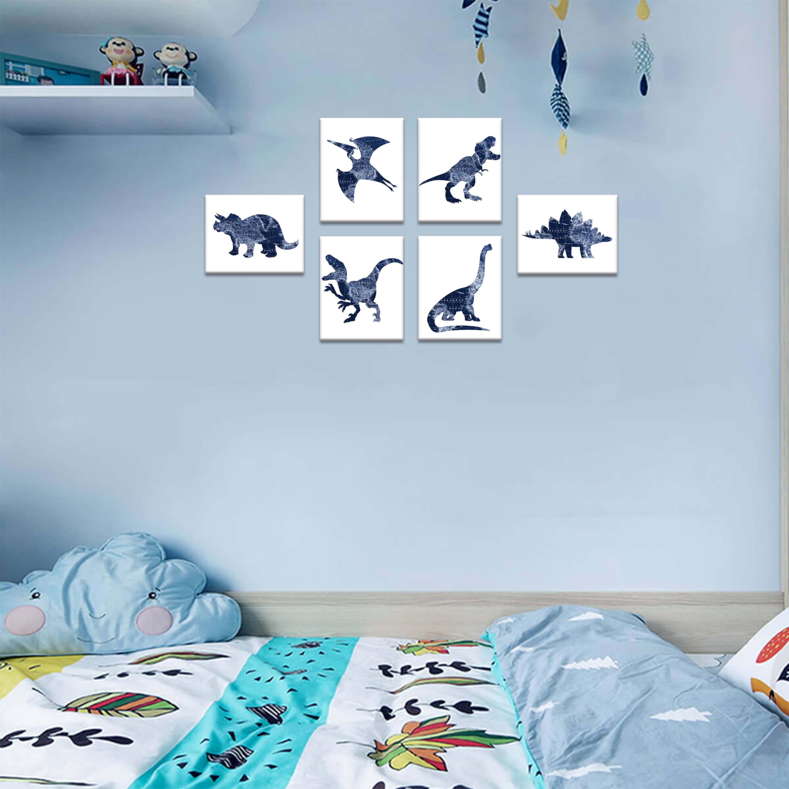 Navy Blue Dinosaur Wall Art Decor Set - 6 Pack 8x10 Inch Stretched Canvas Prints for Boys Room, Kids Bedroom & Nursery - Jurassic Themed Dinosaur Wall Decals & Room Decorations | Perfect for Dinosaur Lovers, Birthday Gifts & Themed Bedroom Design