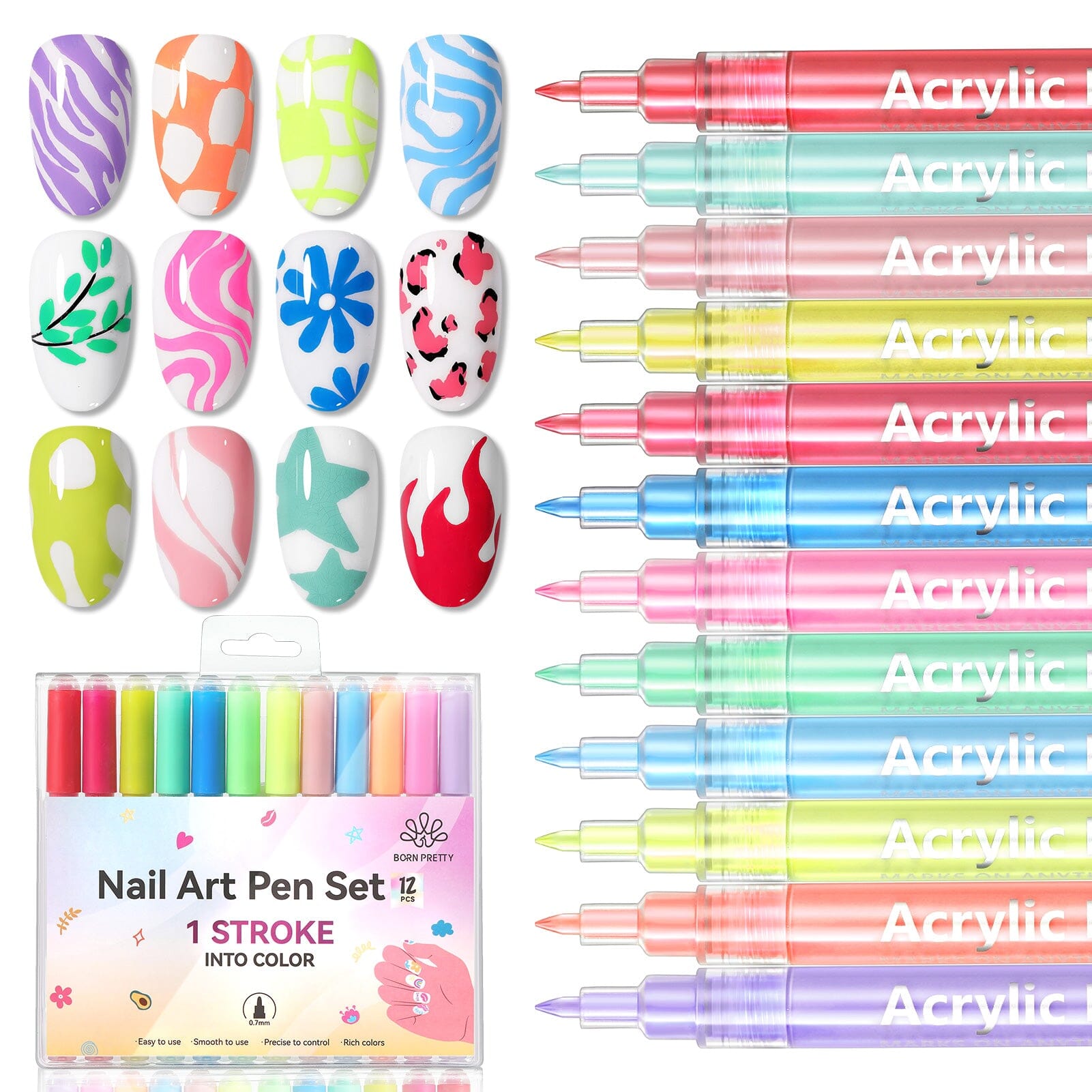 12 Colors Nail Art Pen Set - 0.7mm Fine Tip for Professional Nail Designs, DIY Manicure & Creative Nail Art - Perfect for Home, Salon & Party Use